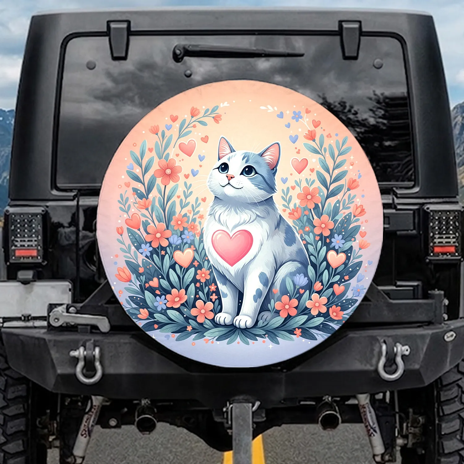 Cat Pink Heart Wildflowers Lush Foliage - Cat Lover Gift for Pet Owners Spare Tire Cover - 1
