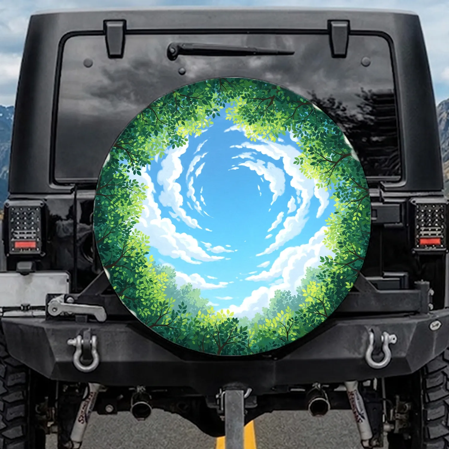 Vibrant Lush Green Tree Canopy Blue Sky Clouds Dappled Sunlight - Nature Lover Gift Spare Tire Cover - 1