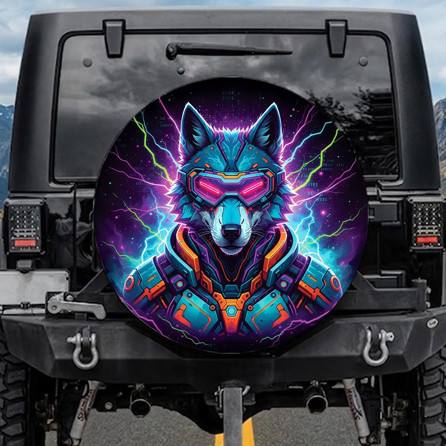 Cybernetic Wolf Neon Tech - Car Enthusiast Gift for Cyberpunk Lover Spare Tire Cover - 1