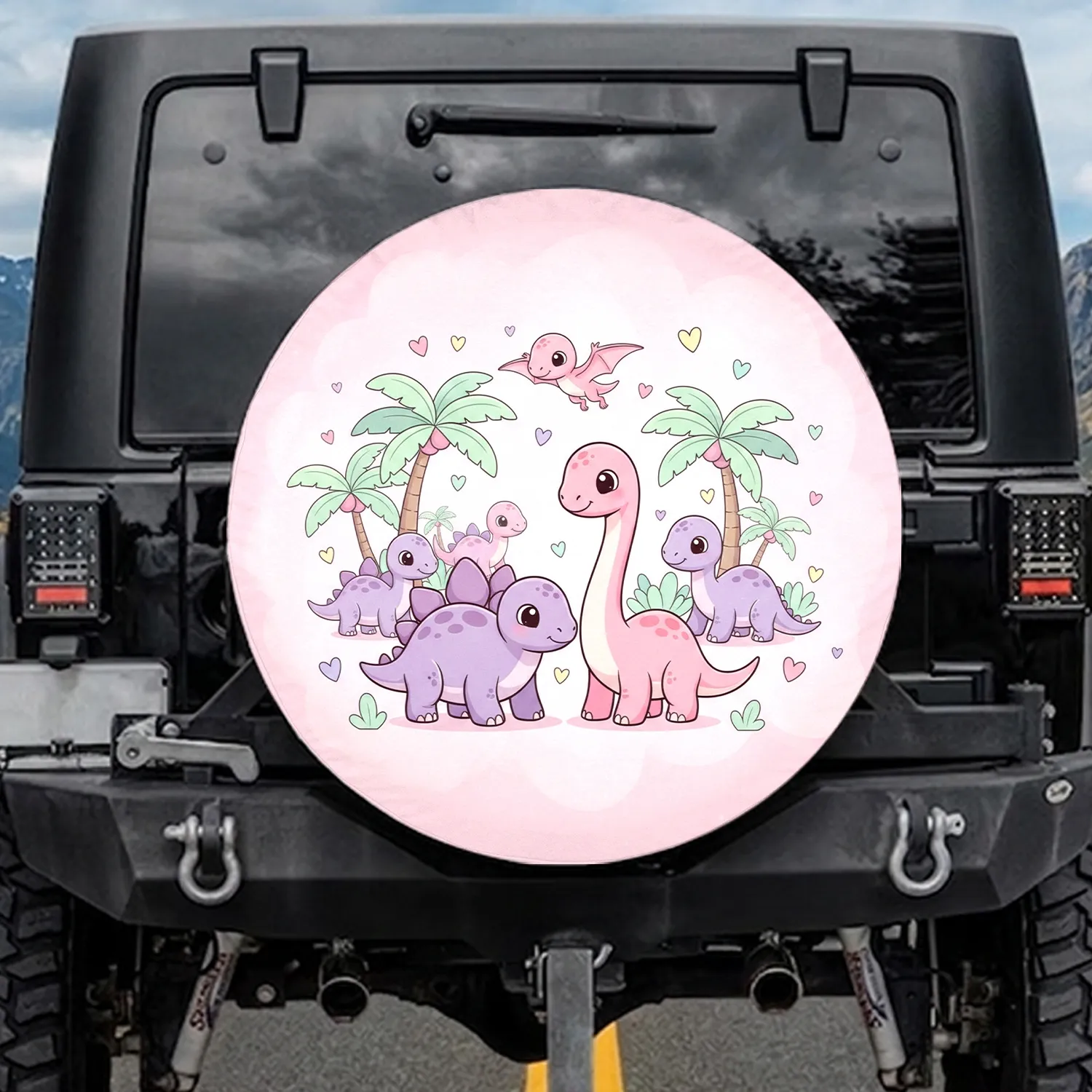 Stegosaurus Pterodactyl Long Neck Baby Dinosaurs Palm Trees Hearts - Kids Dino Gift Spare Tire Cover - 1