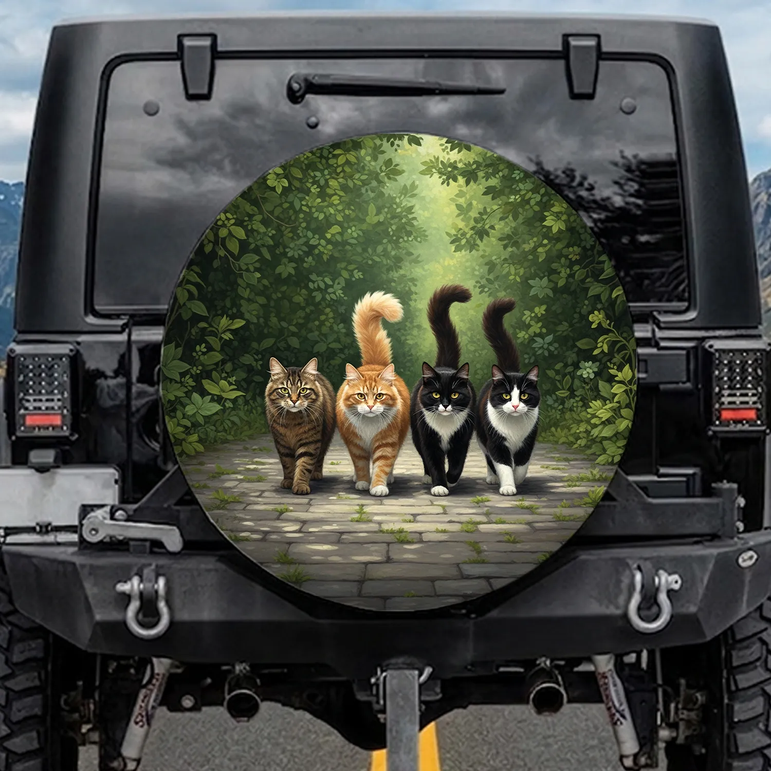 Brown Tabby Orange Black Tuxedo Cats Paved Path - Outdoor Lifestyle Gift for Cat Lovers Spare Tire Cover - 1