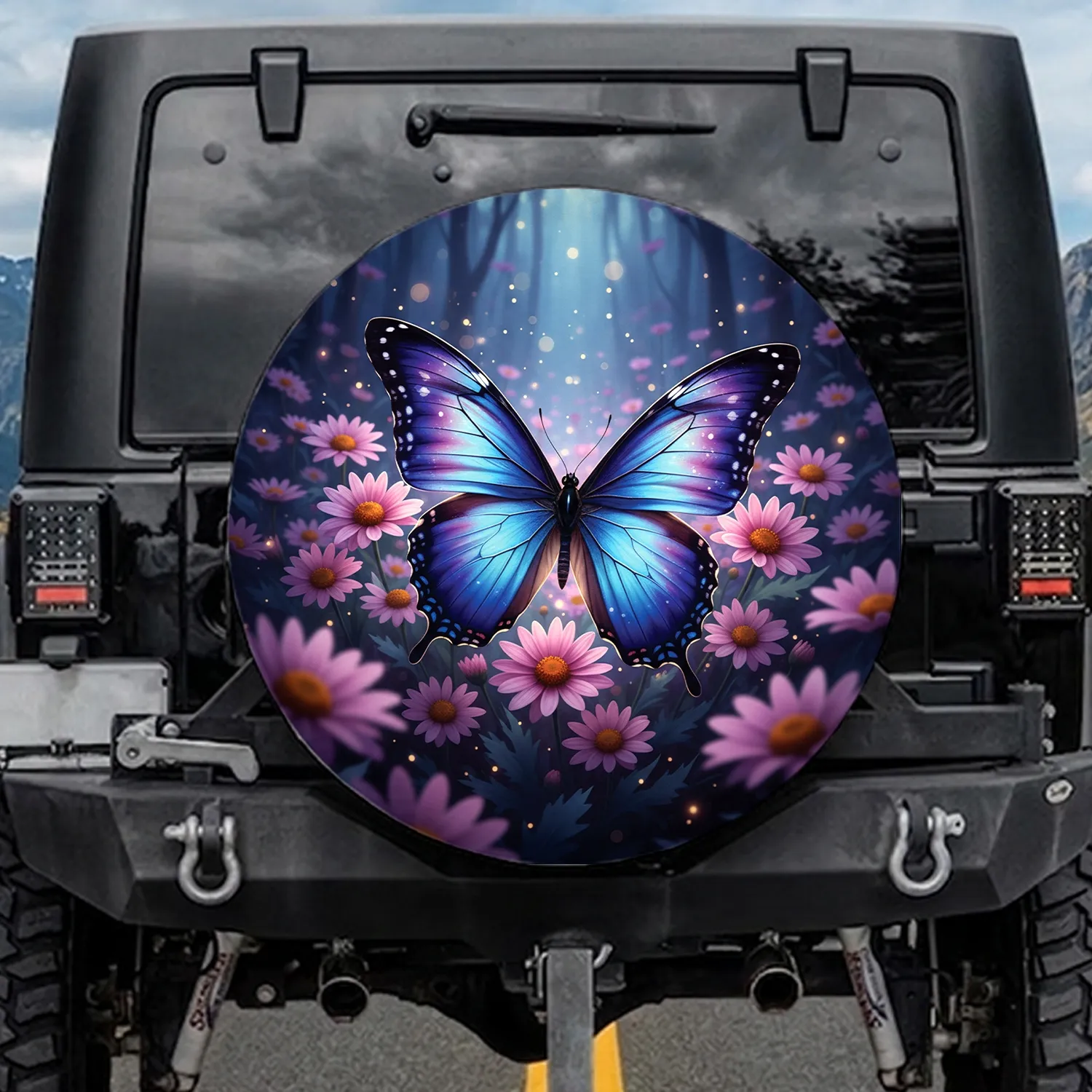 Iridescent Butterfly Lavender Daisy Flowers Twilight Garden - Nature Lover Gift Spare Tire Cover - 1