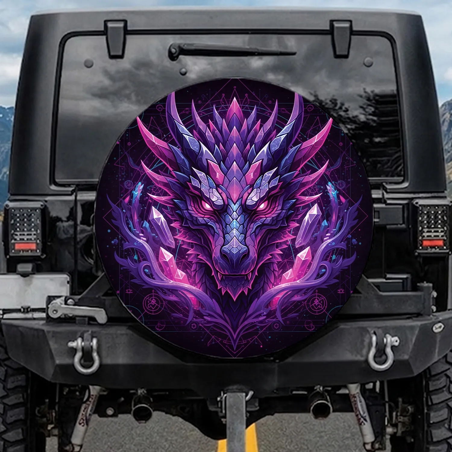 Glowing Eyes Dragon Head Gear Faceted Mystic Crystals Adventure Lifestyle Dragon Lover Gift Spare Tire Cover - 1