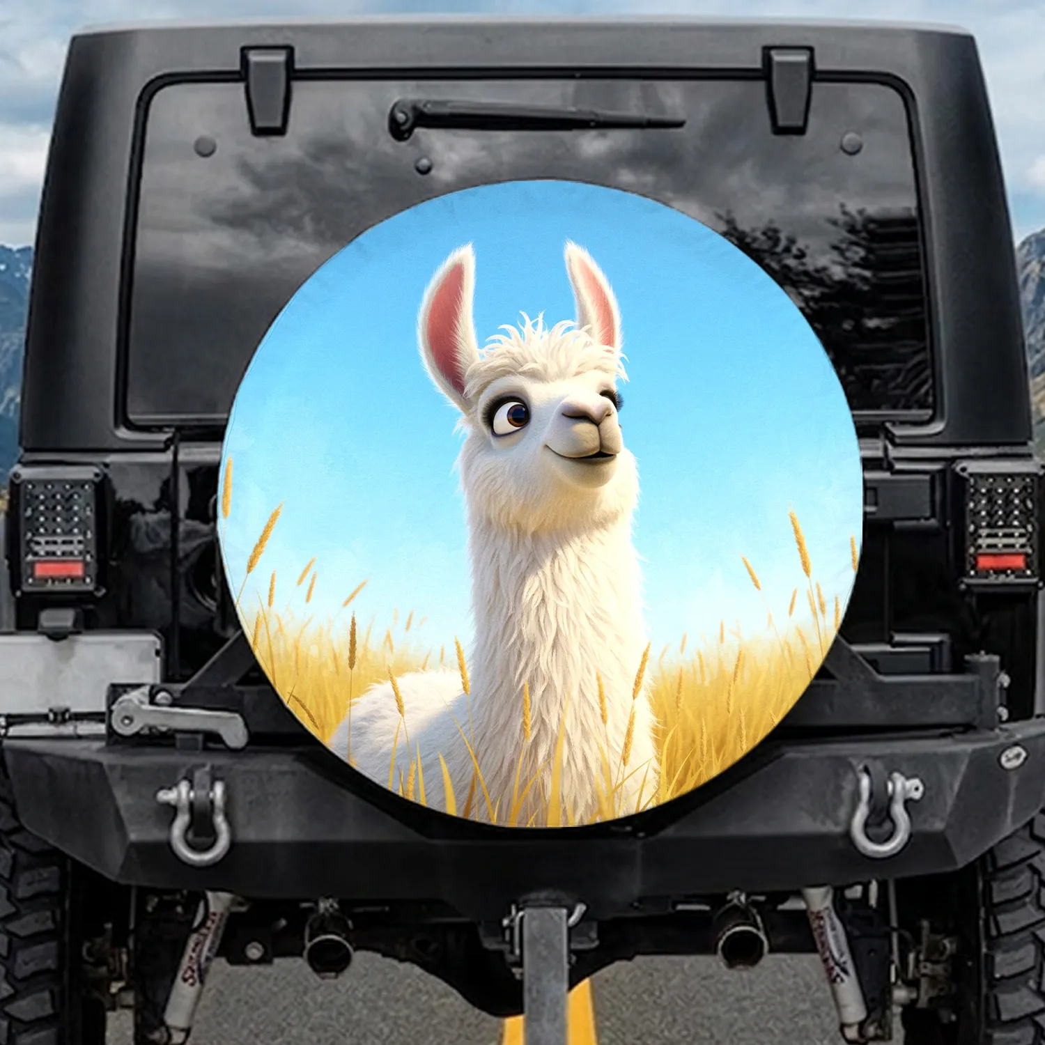 Smiling White Llama Pink Ears Golden Grass Blue Sky - Wildlife Lover Gift for Llama Fan Spare Tire Cover - 1