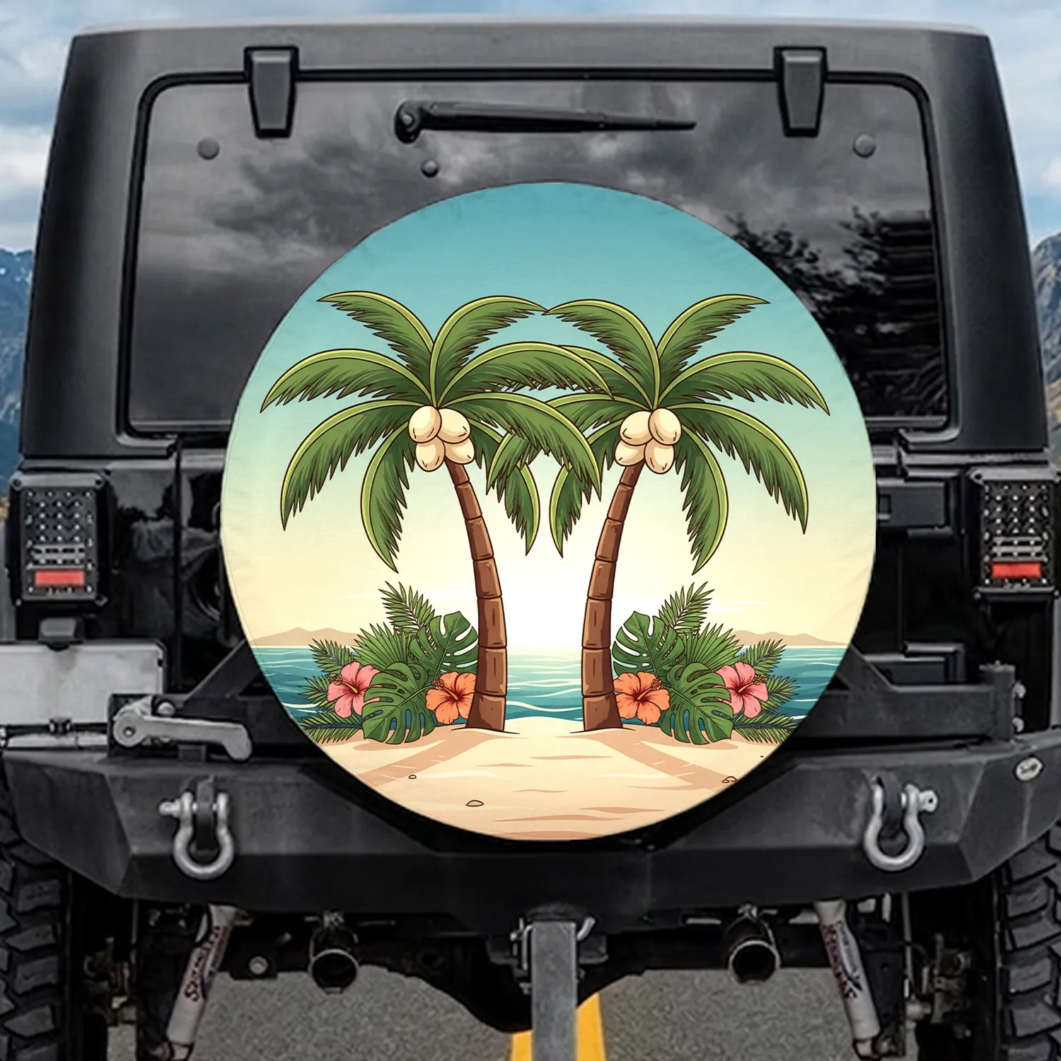 Lush Coconut Palm Trees Hibiscus Flowers Tropical Ocean - Adventure Lover Gift Spare Tire Cover - 1
