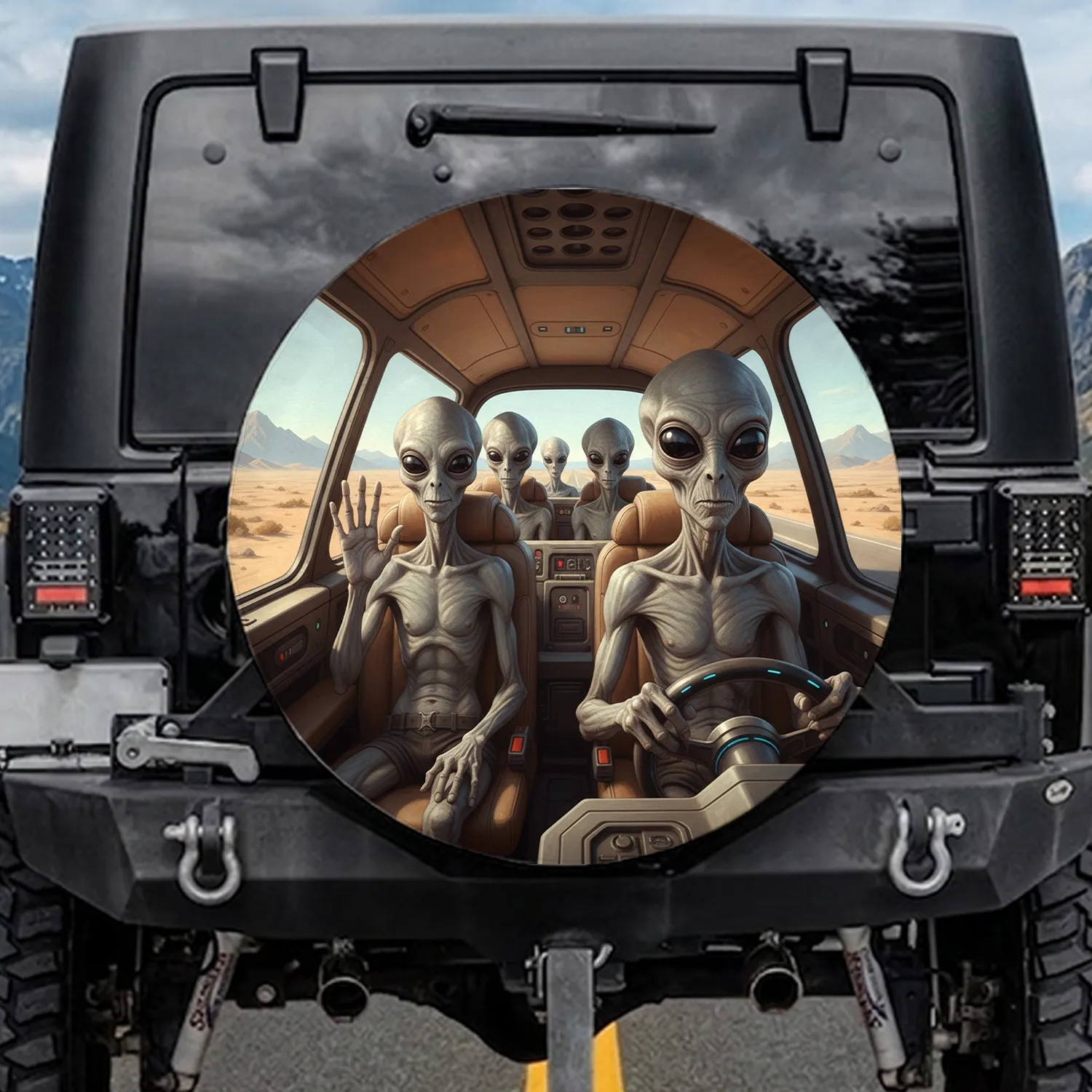 Five Grey Aliens Futuristic Spaceship Cabin Desert Road Trip - Sci-Fi Fan Gift Spare Tire Cover - 1