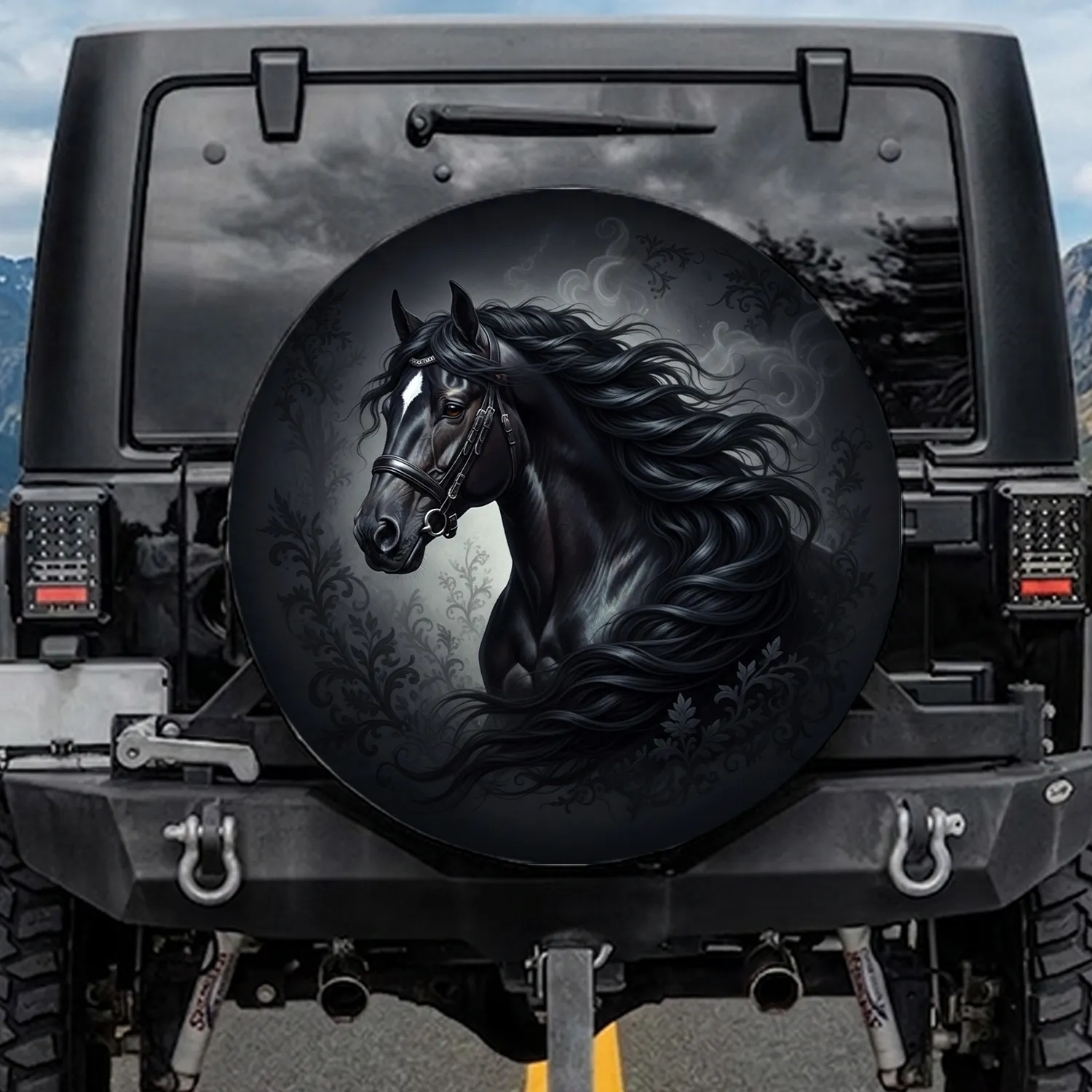 Black Horse Flowing Mane White Blaze - Equestrian Lover Gift Spare Tire Cover - 1