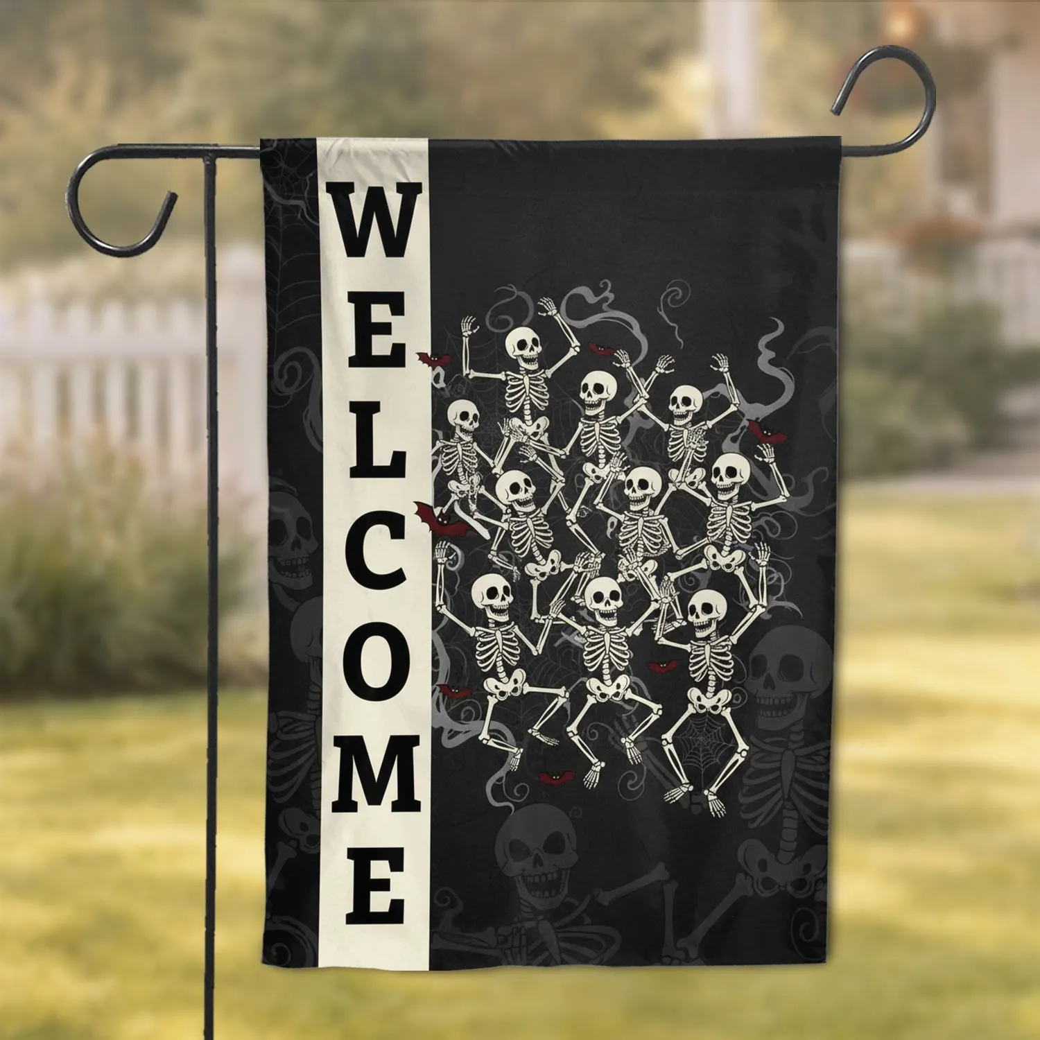 Cartoon Skeletons Dancing Welcome Text - Halloween Home Decor Gift Garden Flag - 1