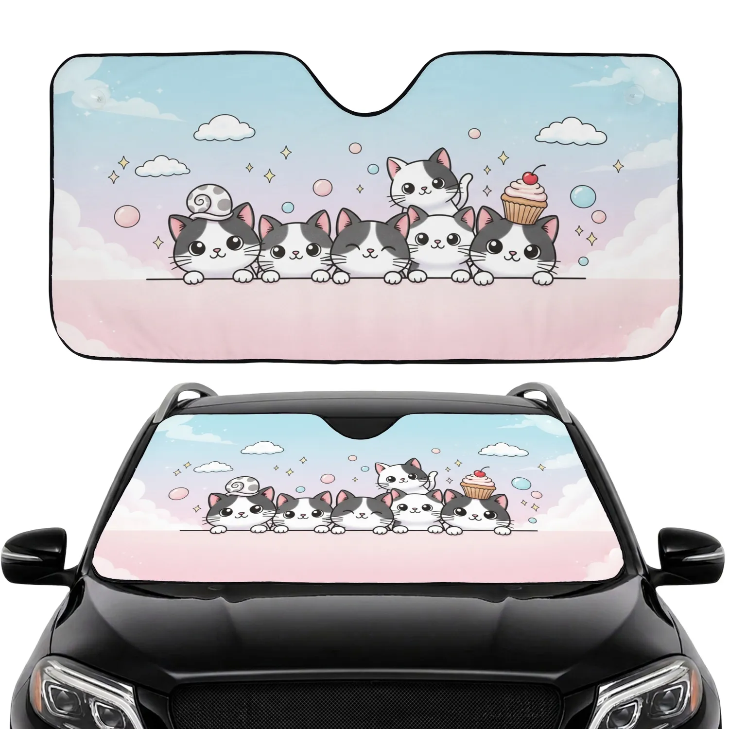 Cartoon Cats Snail Cupcake Road Trip Gift for Cat Lover Car Sunshade - 1