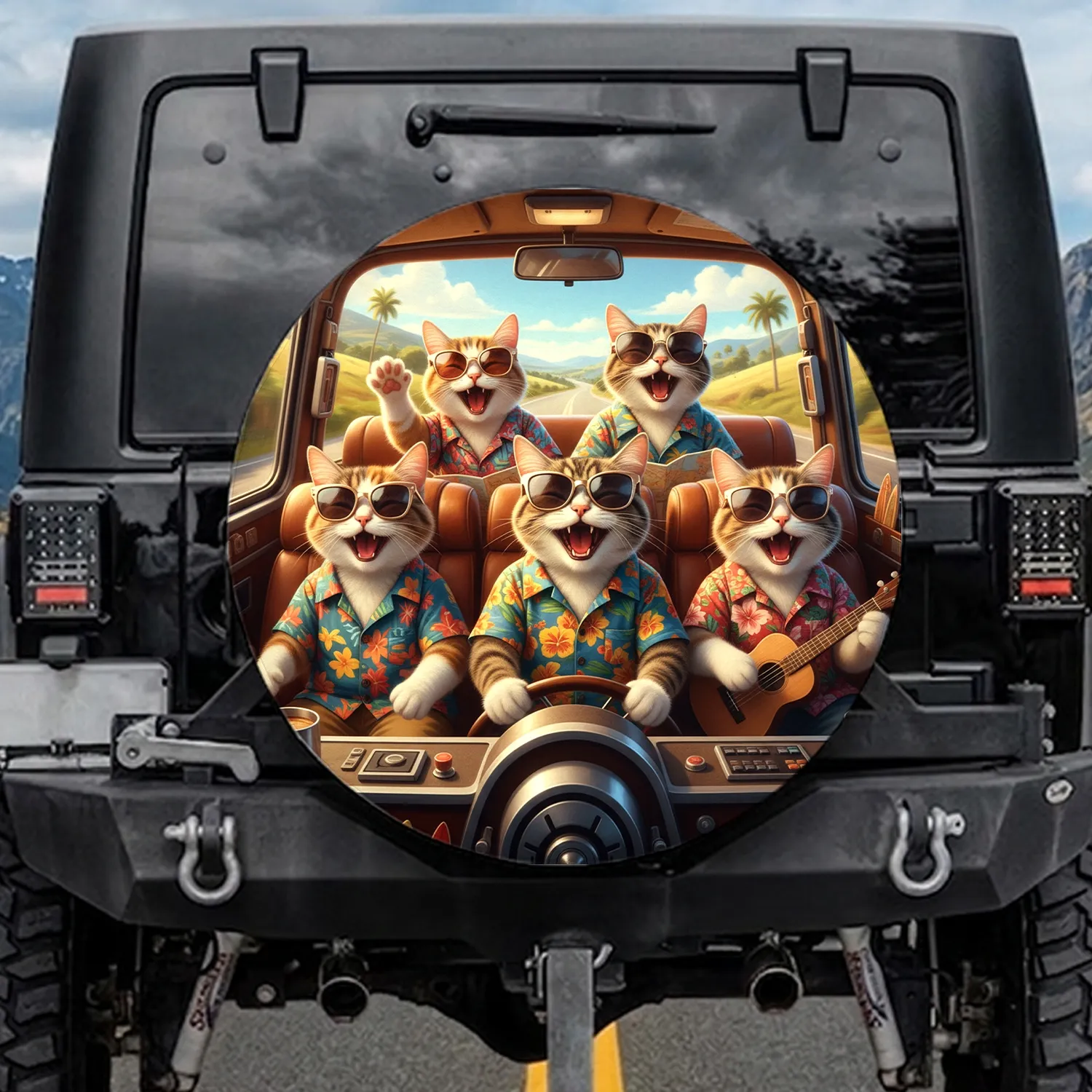 Five Cats Hawaiian Shirts Sunglasses Road Trip Travel Essentials for Cat Lovers Spare Tire Cover - 1