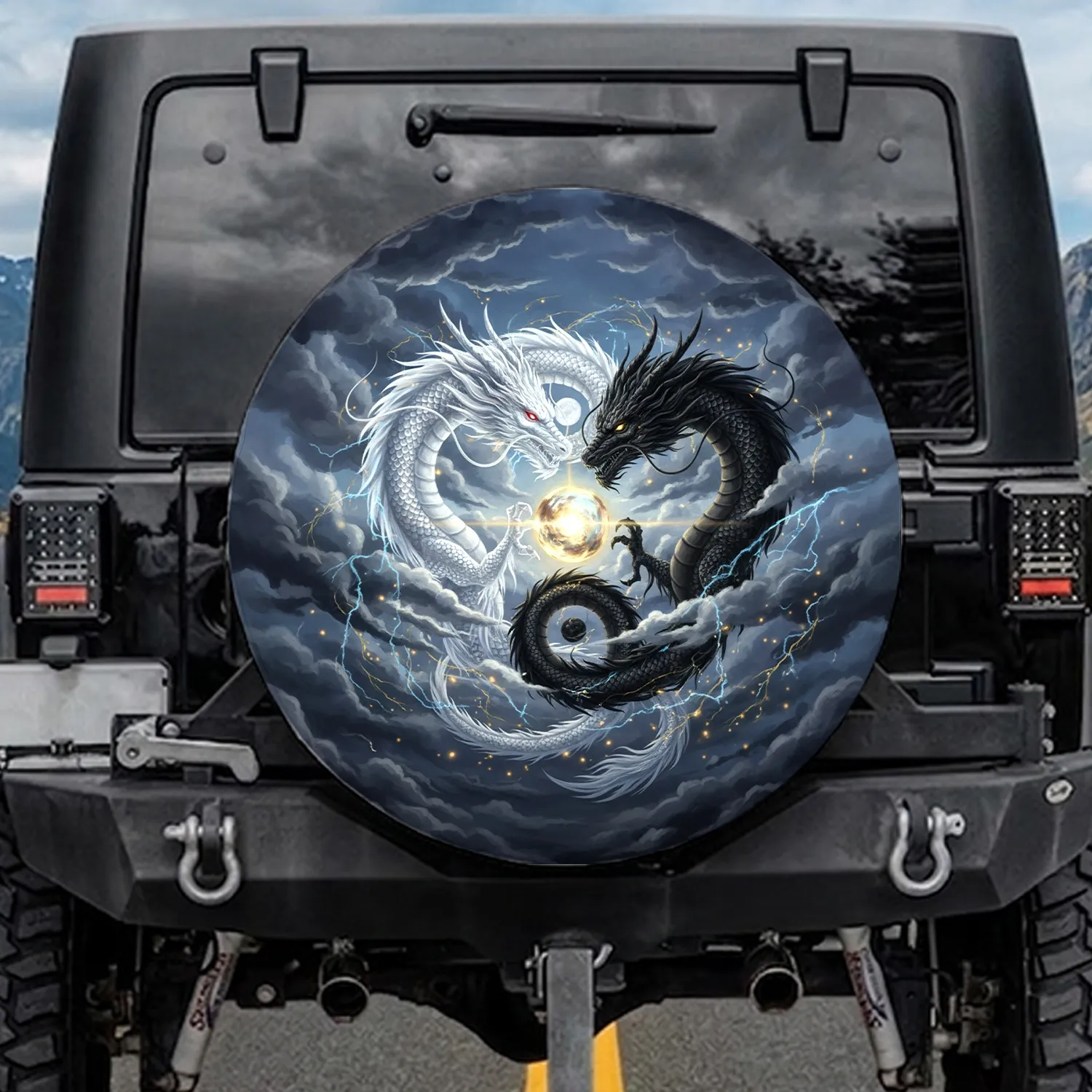 White Black Dragons Yin-Yang Glowing Orb Storm Clouds - Fantasy Vehicle Decor Spare Tire Cover - 1