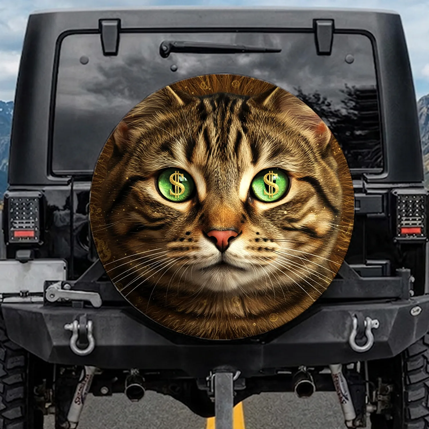Tabby Cat Green Eyes Dollar Sign Pupils - Financial Prosperity Gift for Cat Lovers Spare Tire Cover - 1