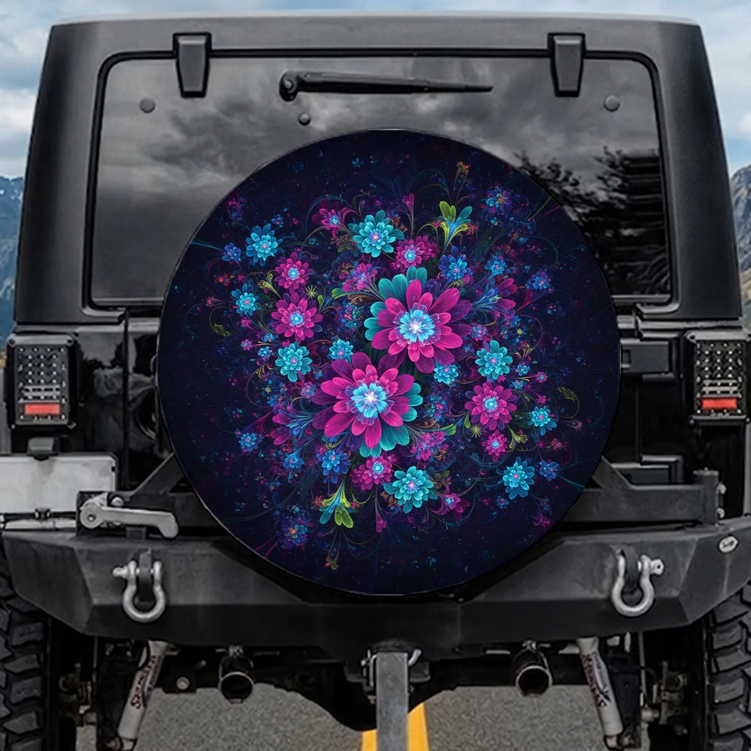 Glowing Fractal Flowers Swirling Organic Forms - Everyday Style Vehicle Decor Spare Tire Cover - 1