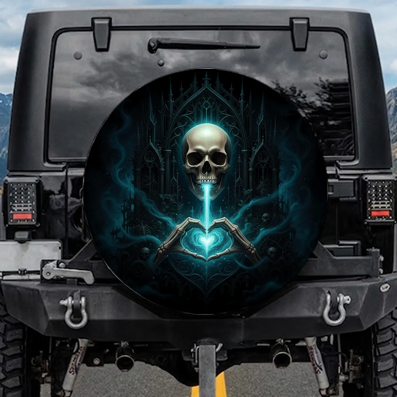 Human Skull Skeletal Hands Glowing Heart Gothic Structures - Gothic Lifestyle Gift Spare Tire Cover - 1