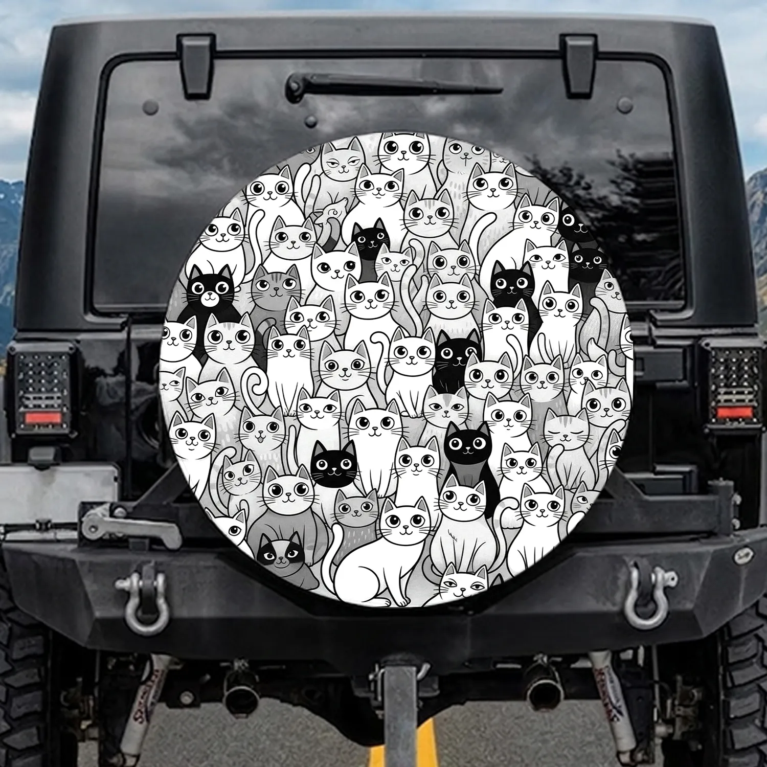 Full Coverage Black White Grey Cartoon Cat Crowd with Varied Expressions - Cat Lover Gift Spare Tire Cover - 1