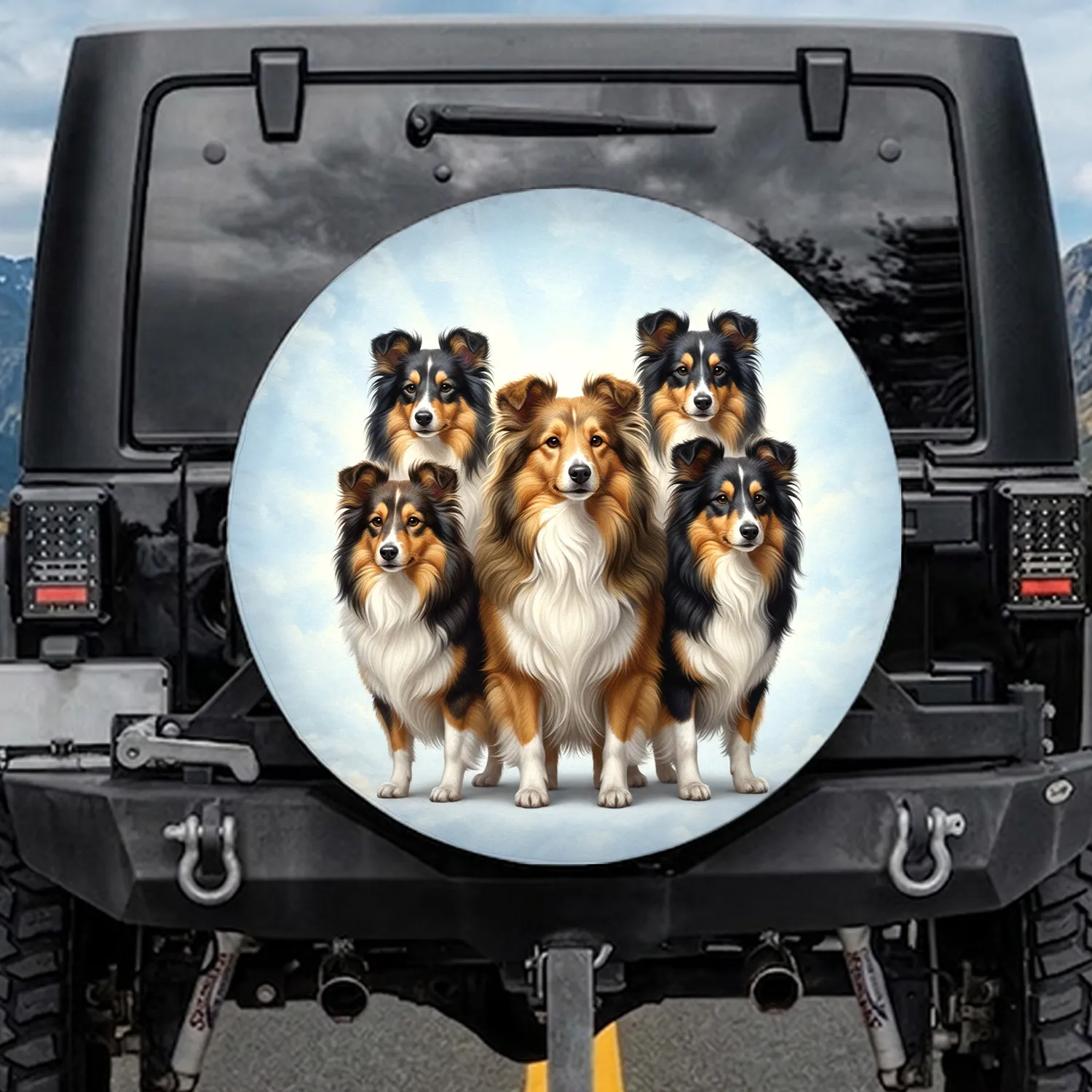 Shetland Sheepdog Sheltie Group Serene Sky - Dog Lover Home Decor Gift for Sheltie Owners Spare Tire Cover - 1
