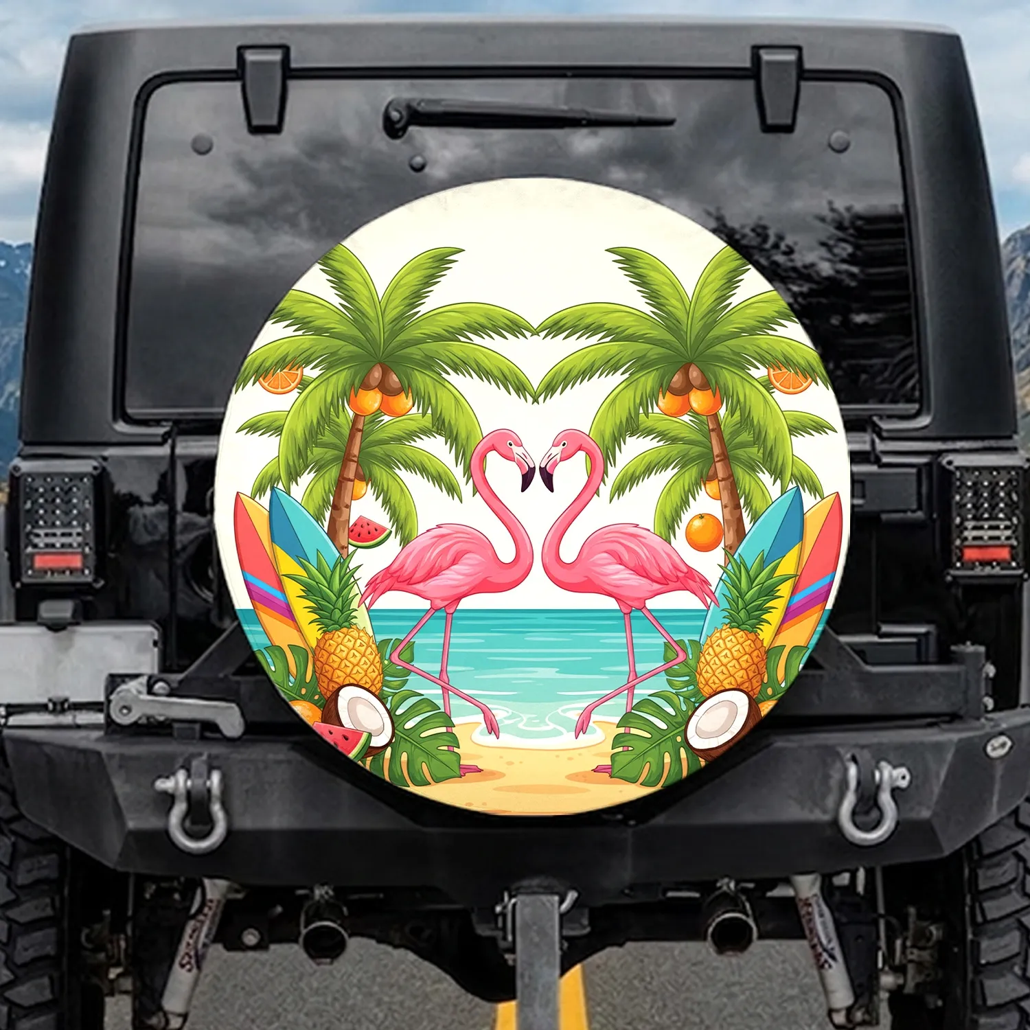 Pink Flamingos Heart Tropical Beach Fruit Palm Trees - Tropical Lover Gift Spare Tire Cover - 1