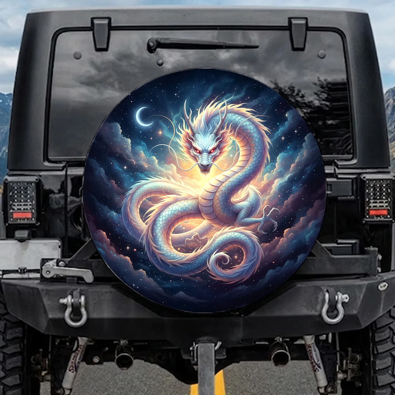 Iridescent Eastern Dragon Cosmic Starry Night Sky - Mythical Creature Gift Spare Tire Cover - 1