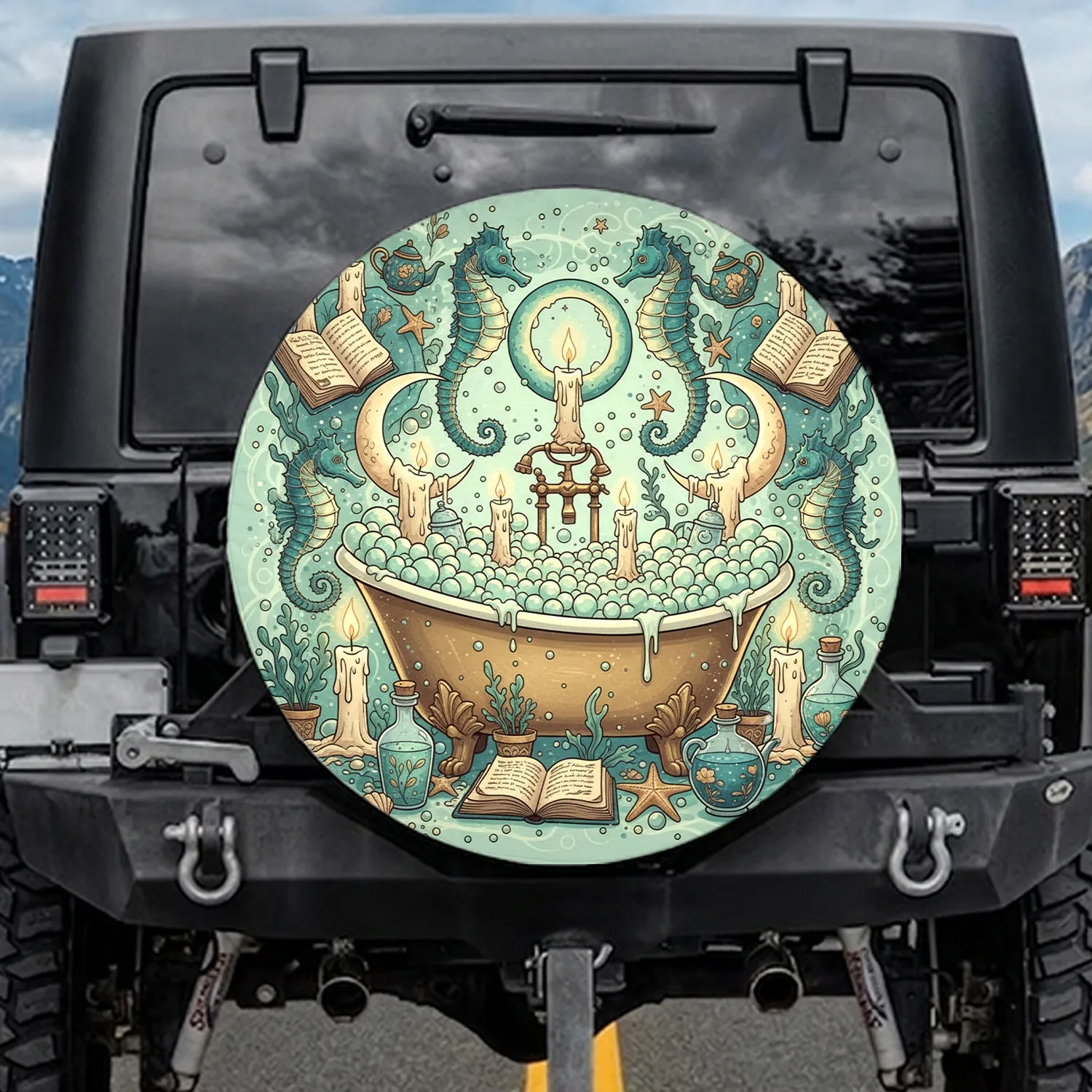 Clawfoot Bathtub Glowing Bubbles Seahorse Spellbook Home Decor Gift Spare Tire Cover - 1