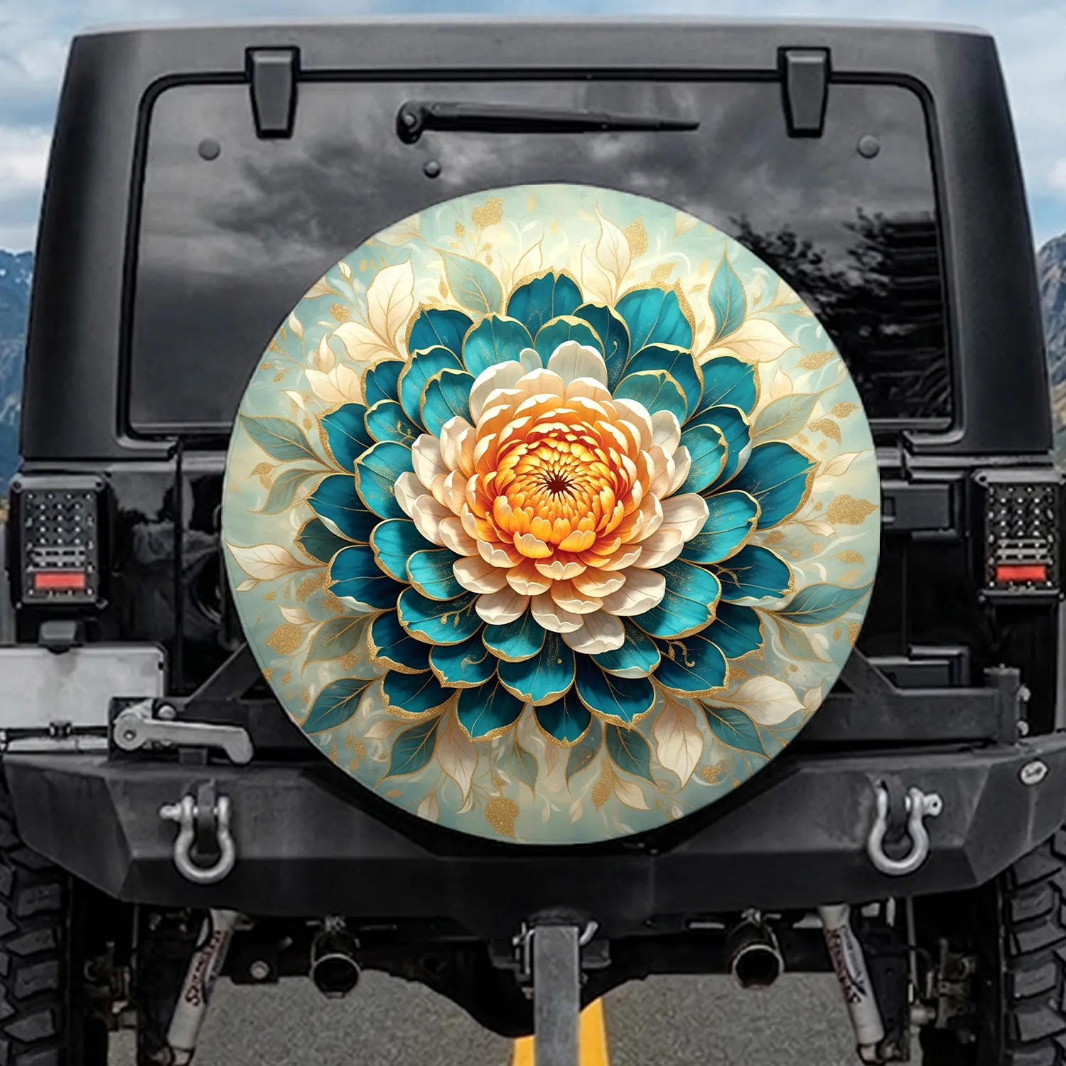 Teal Turquoise Golden Peony Flower Abundant Petals Unfurling Leaves - Travel Essentials Spare Tire Cover - 1