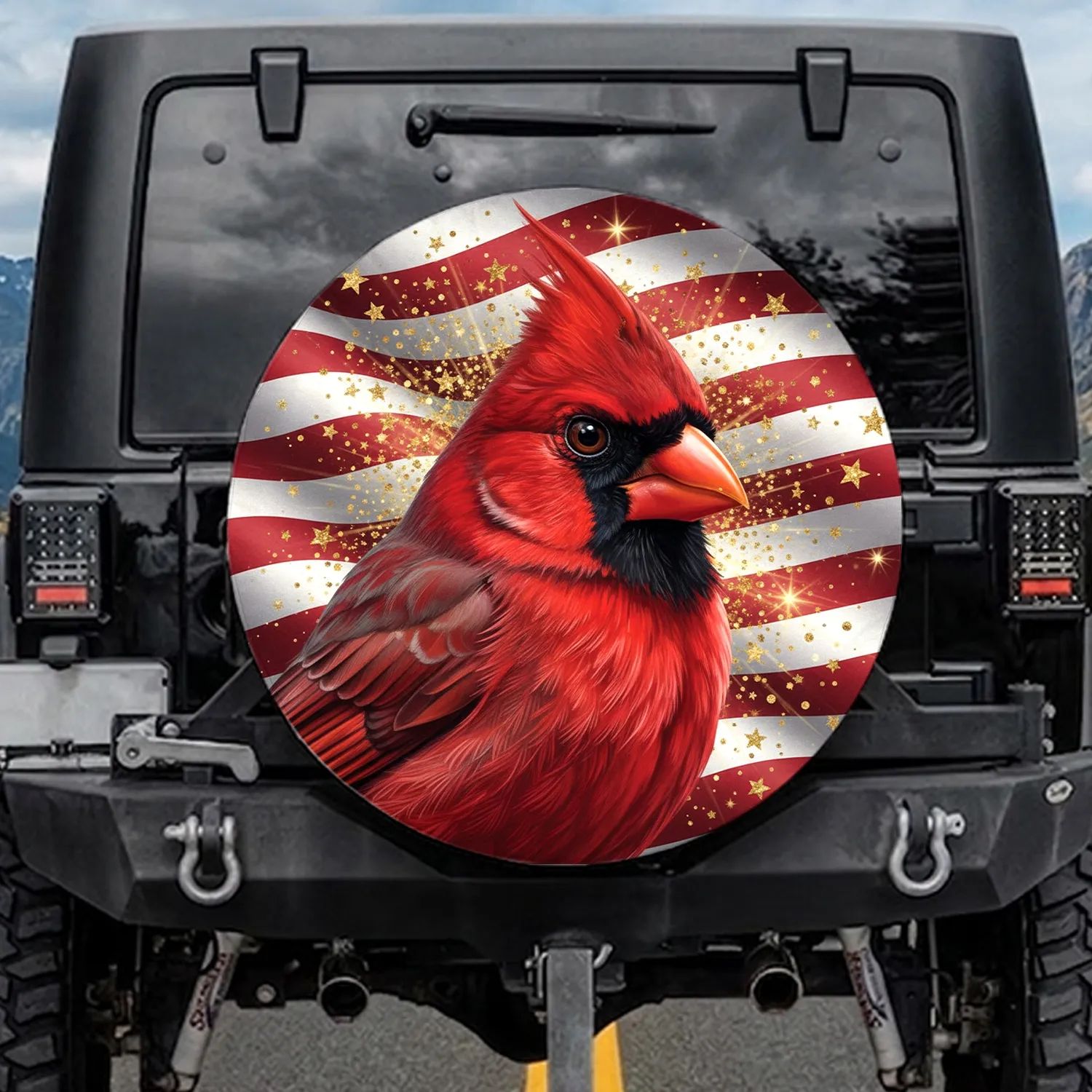 Northern Cardinal American Flag Gold Stars - Independence Day Gift for Bird Lovers Spare Tire Cover - 1