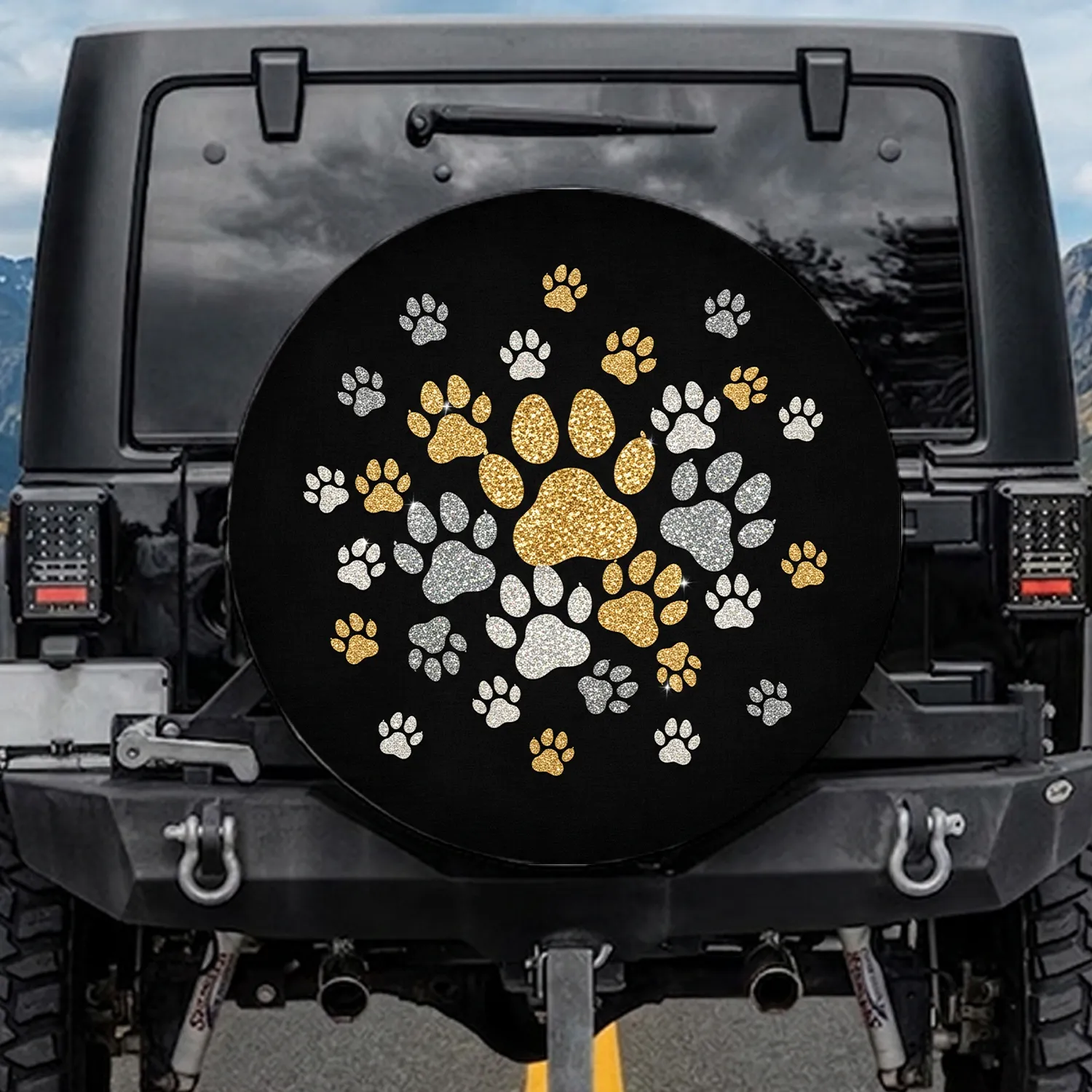 Deep Black Glitter Metallic Sparkling Paw Prints Cluster Gold Silver - Pet Lover Gift Spare Tire Cover - 1