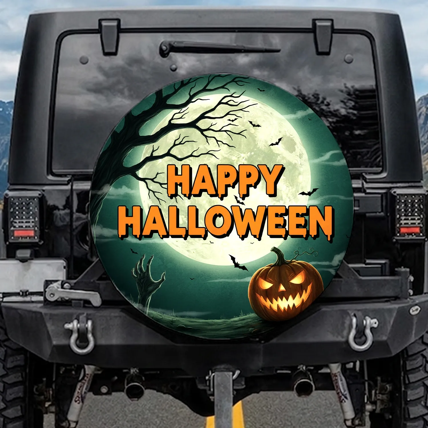 Happy Halloween Jack-o-Lantern Spooky Tree Zombie Hand - Halloween Holiday Celebration Spare Tire Cover - 1