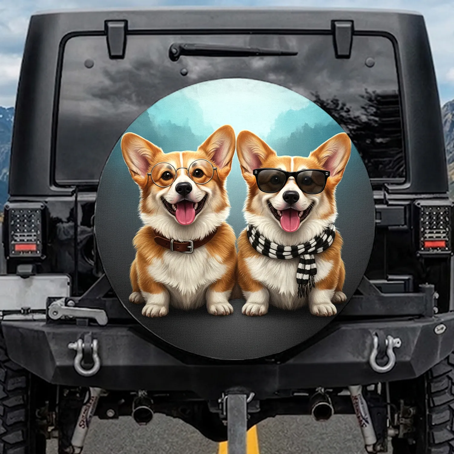 Pembroke Welsh Corgi Dogs Smiling Wearing Glasses Scarf Front Paws - Dog Lover Gift Spare Tire Cover - 1