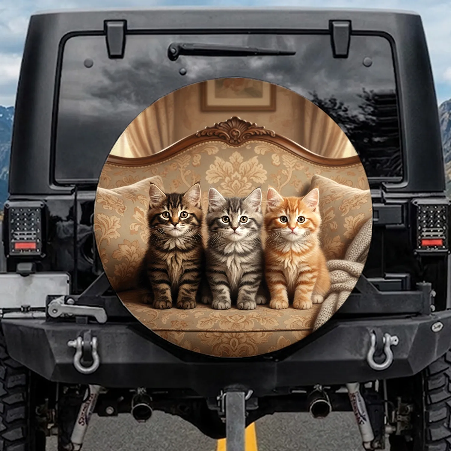 Fluffy Tabby Kittens Vintage Sofa - Cozy Living Room Cat Lover Gift Spare Tire Cover - 1