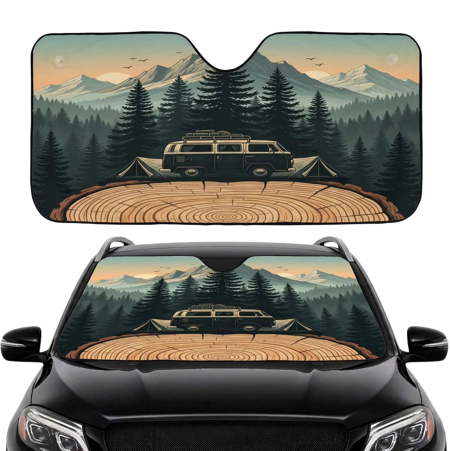 Vintage Camper Van Camping Tents Mountain Forest Road Trip Gift Car Sunshade - 1