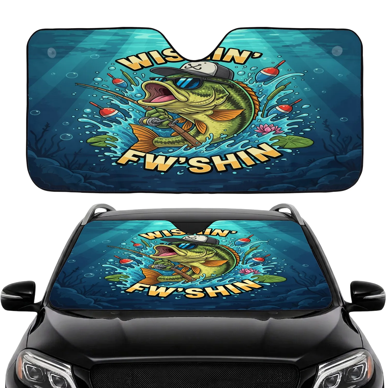 WISHIN' FW'SHIN' Large Mouth Bass Fishing Lake Scene Hat Sunglasses - Car Interior Upgrade Car Sunshade - 1