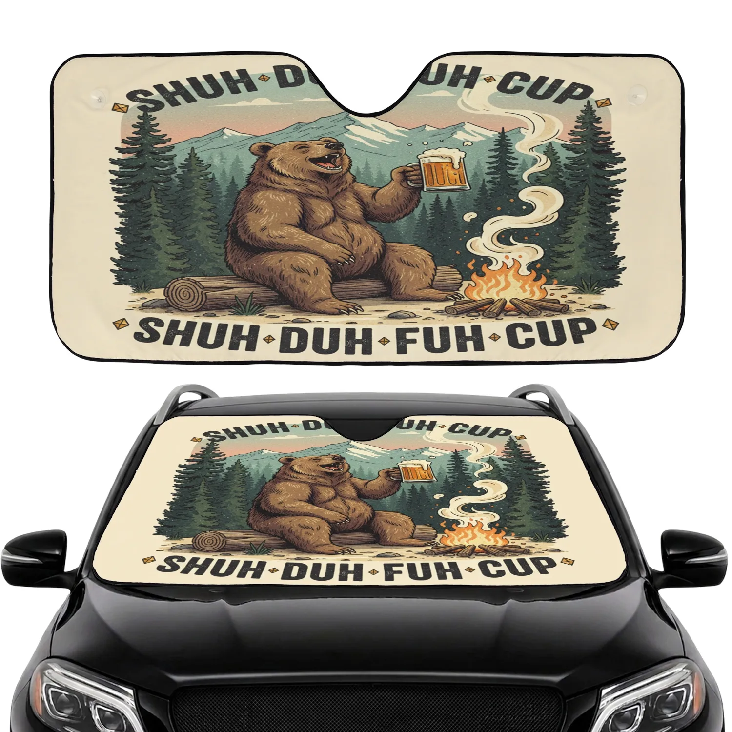Jovial Brown Bear Campfire Beer Stein 'SHUH DUH FUH CUP' Text - Car Interior Upgrade Car Sunshade - 1