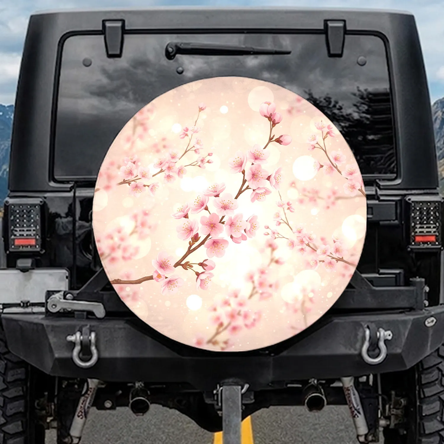 Prominent Cherry Blossoms Branch Numerous Flowers Luminous Atmospheric Bokeh Glows - Road Trip Decor Spare Tire Cover - 1