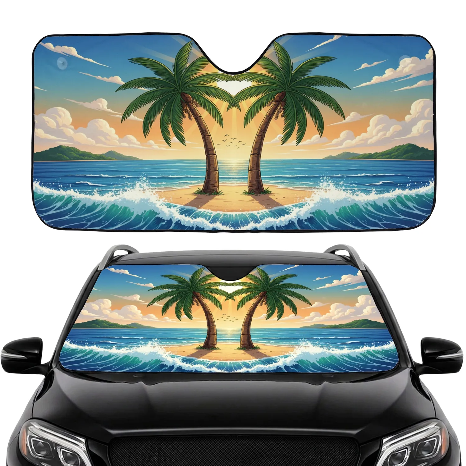 Vibrant Palm Trees Sandy Beach Ocean Waves Sun Distant Islands - Car Interior Upgrade Car Sunshade - 1