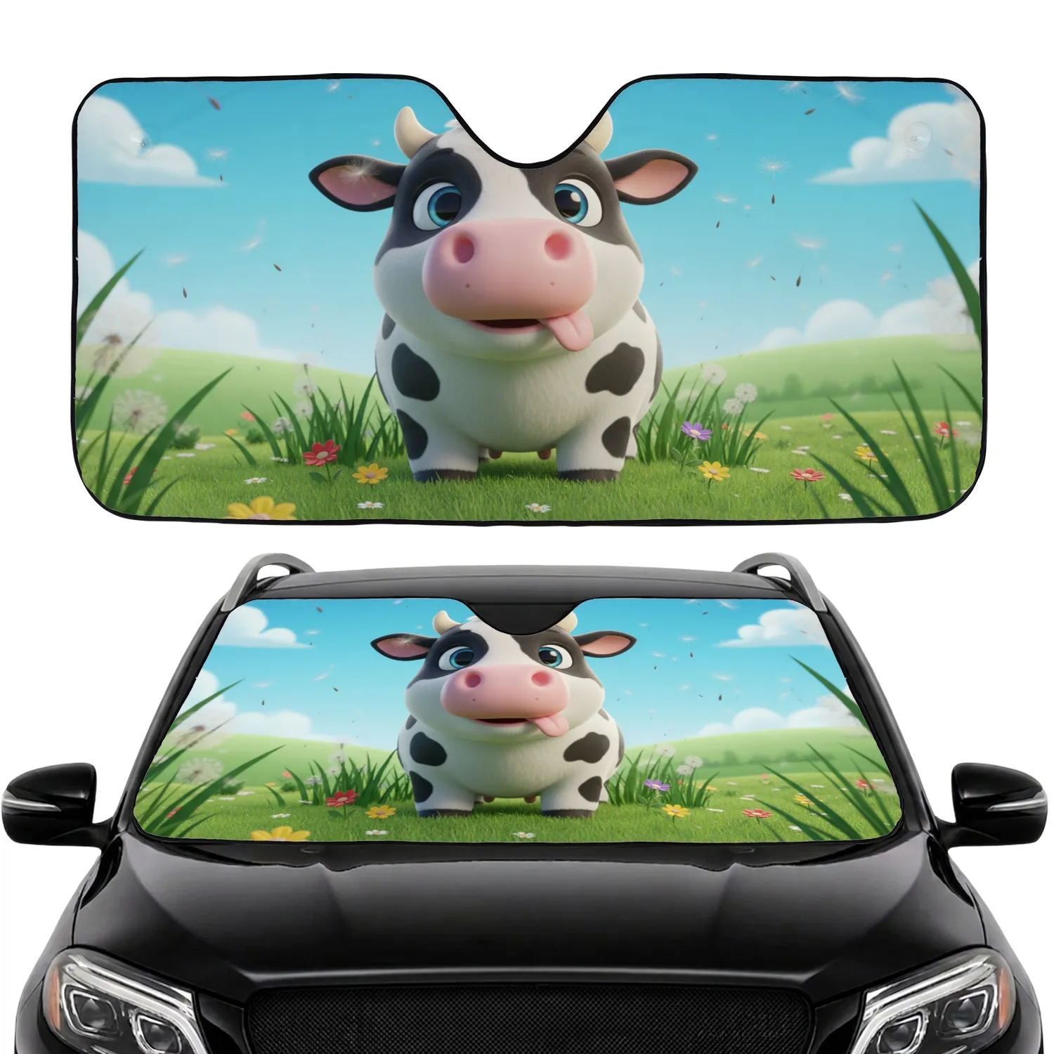 Stylized 3D Cartoon Cow Wildflower Meadow Car Interior Upgrade for Cow Lover Car Sunshade - 1