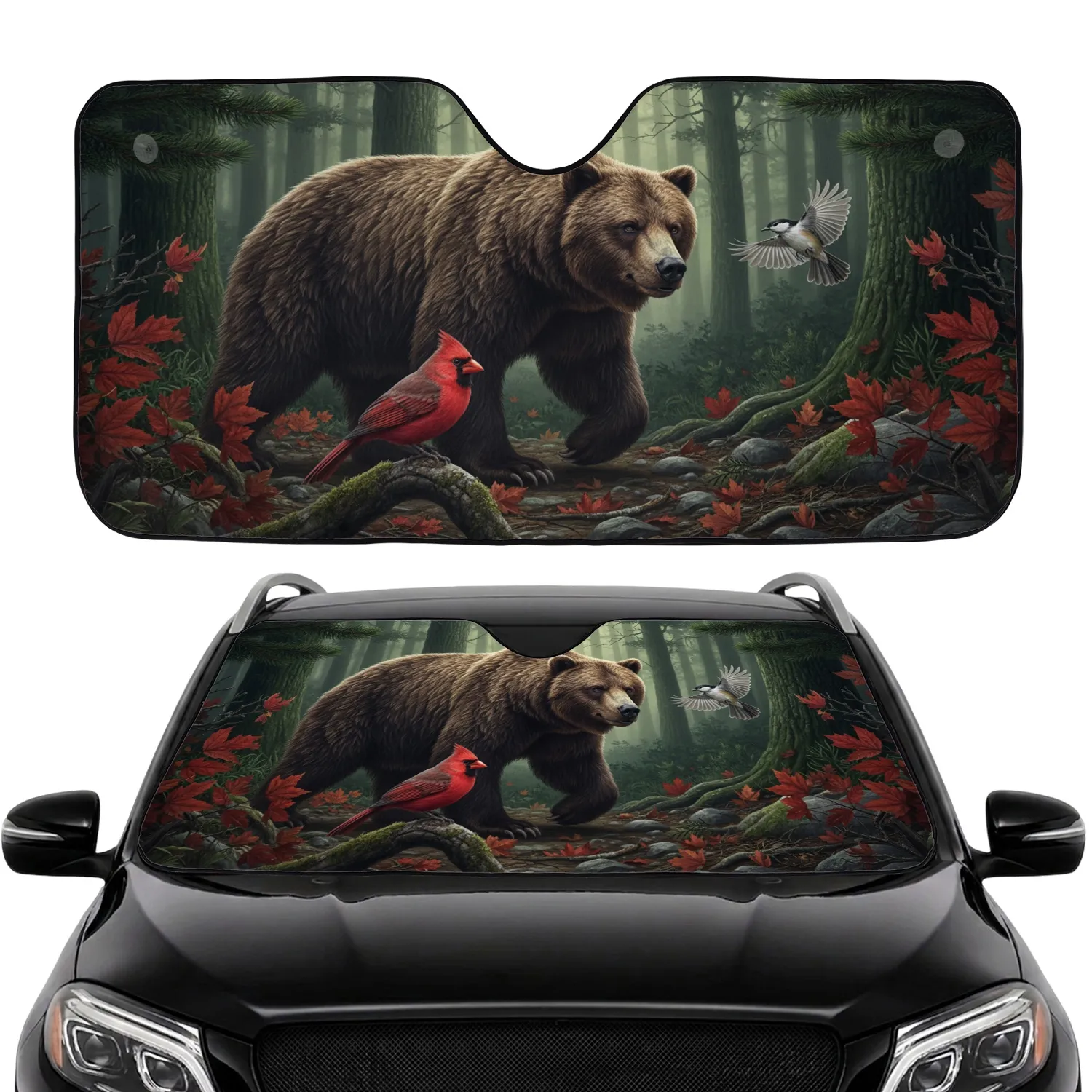Grizzly Bear Crimson Cardinal Autumn Pine Forest - Travel Essentials Car Sunshade - 1