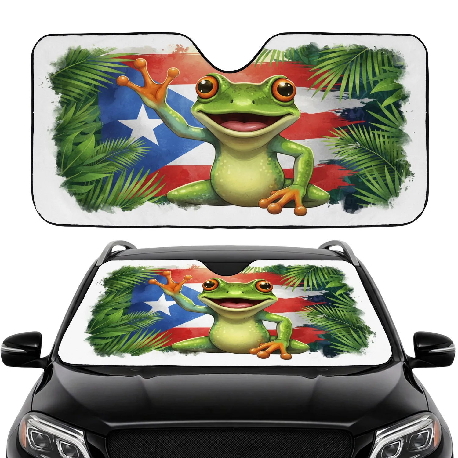 Coquí Frog Puerto Rican Flag Tropical Palm Jungle - Road Trip Travel Essential Car Sunshade - 1