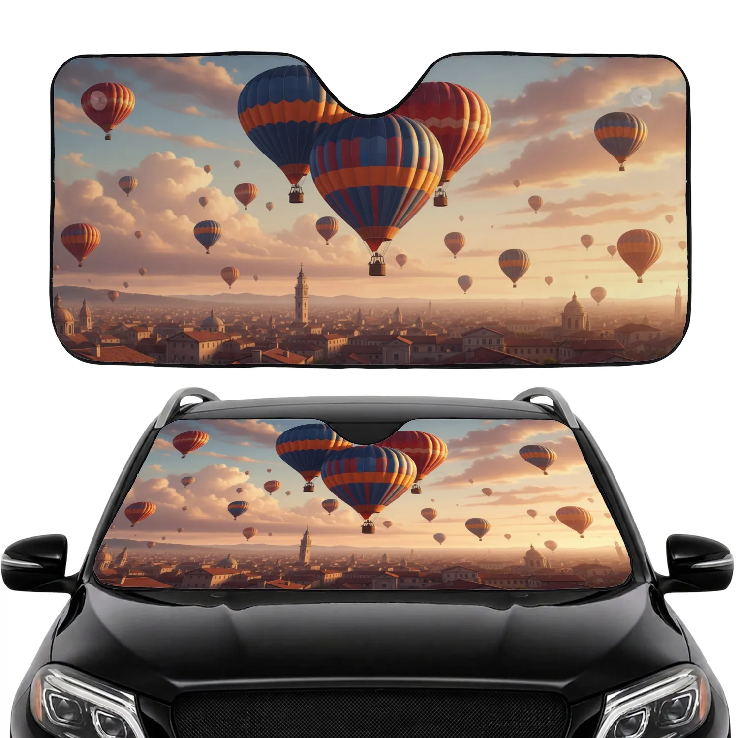 Majestic Hot Air Balloons European City Sunrise - Road Trip Gift Car Sunshade - 1