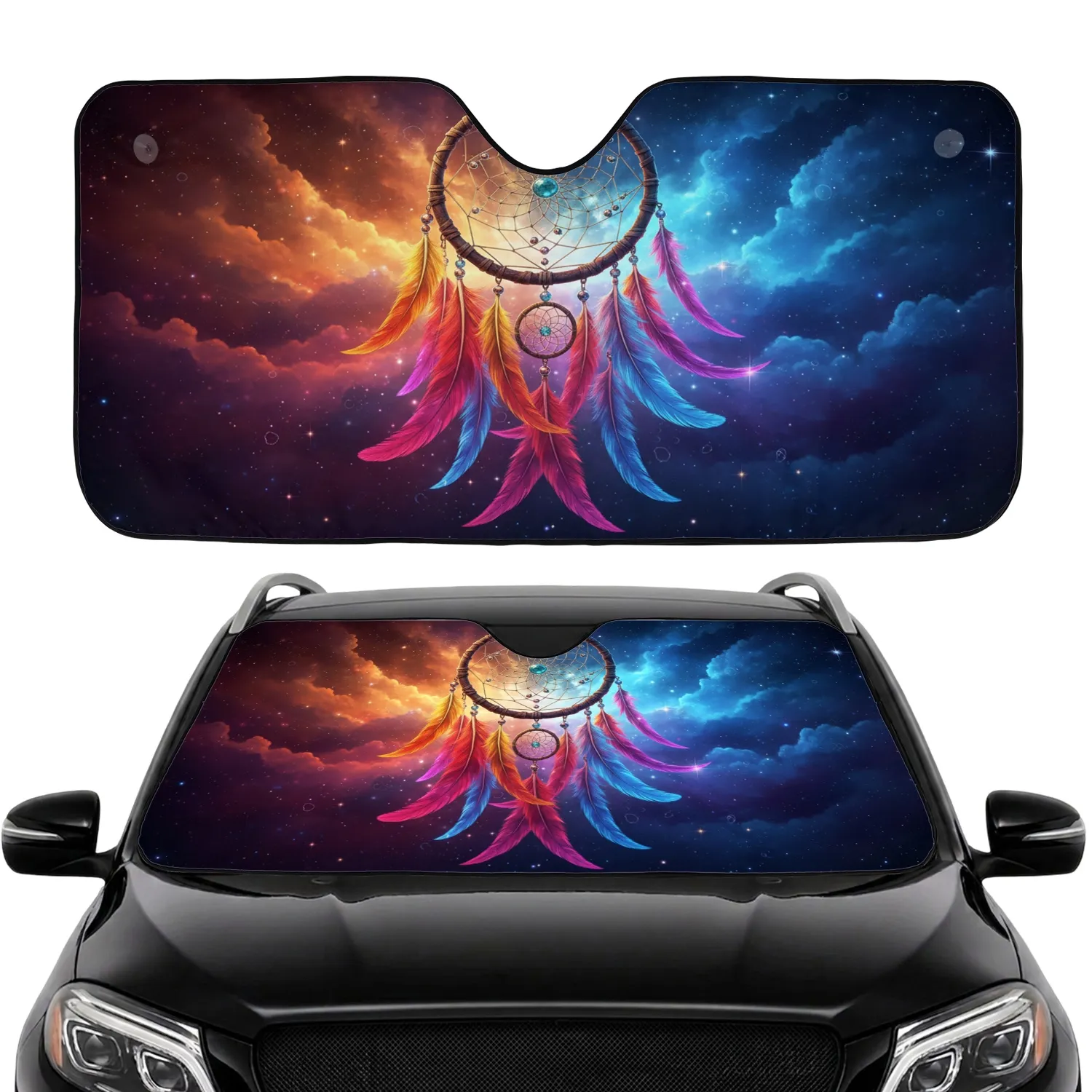 Ornate Dreamcatcher Feathers Cosmic Nebula Sky Scene Commute Accessory Road Trip Gift Car Sunshade - 1