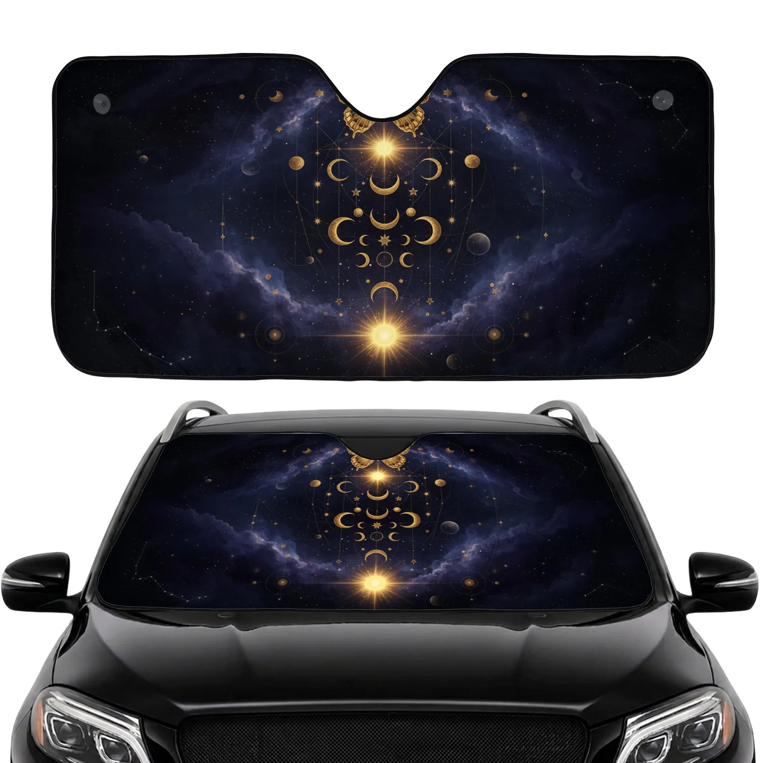 Golden Butterfly Celestial Sunburst Cosmic Moons Stars - Car Interior Road Trip Upgrade Car Sunshade - 1