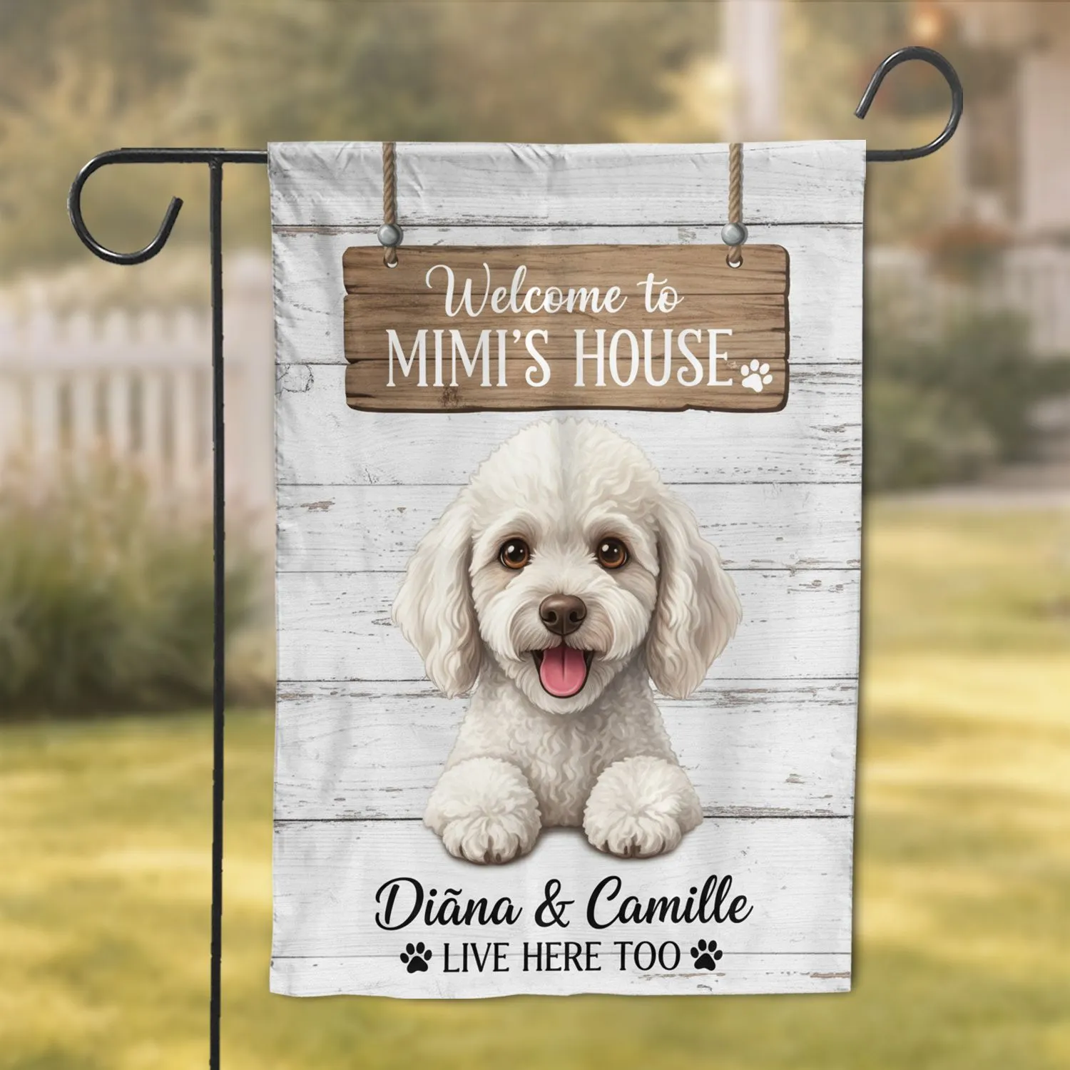 Custom Name White Poodle Welcome Sign Mimi's House - Farmhouse Home Decor Dog Lover Gift Garden Flag - 1
