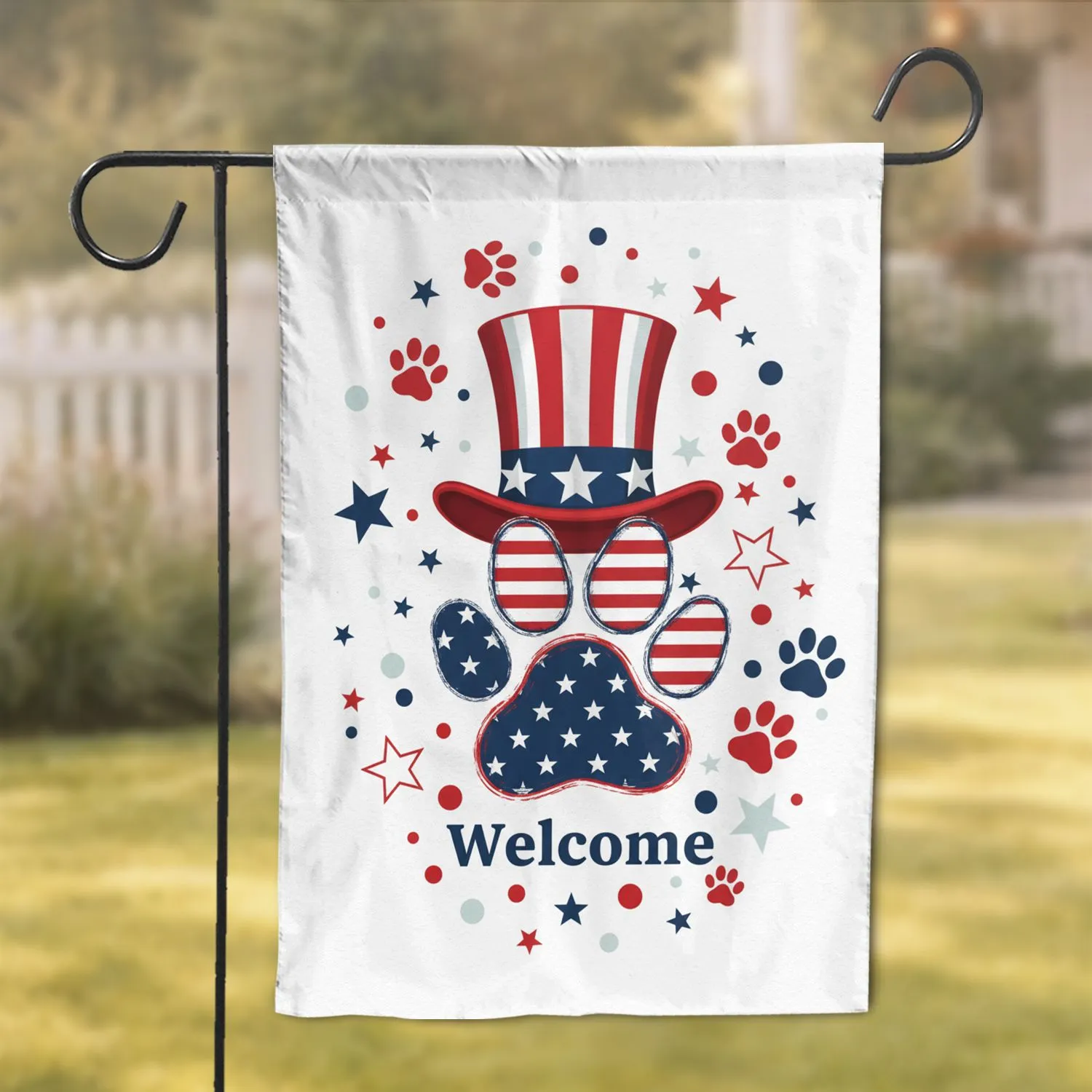 Uncle Sam Paw Print Welcome - Independence Day Patriotic Home Decor for Dog Lovers Garden Flag - 1