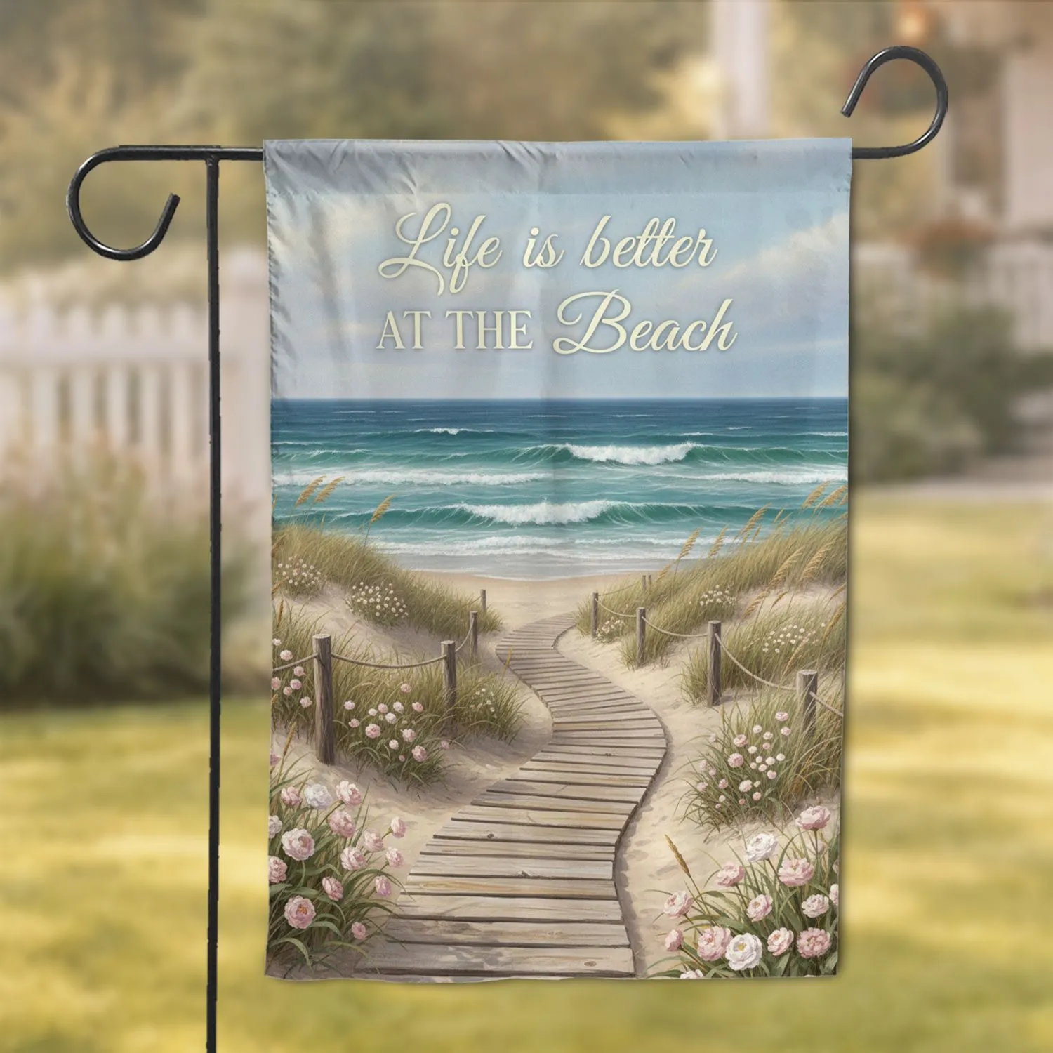 Ocean Boardwalk Dunes Beach Flowers - Coastal Home Decor Beach Lover Gift Garden Flag - 1