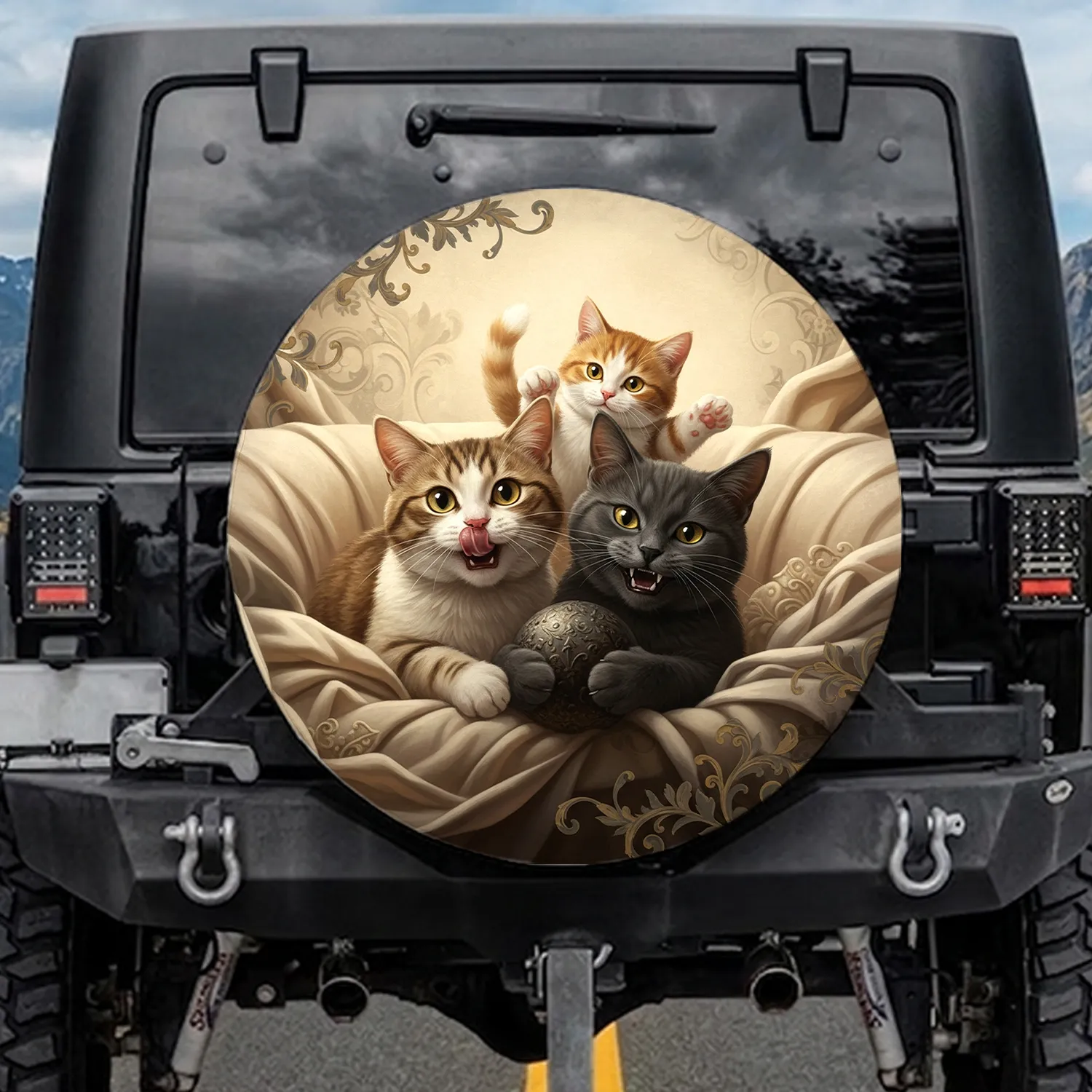 Mischievous Expressive Cats Warm Tones Textured Scene - Cat Lover Gift for Cozy Adventure Spare Tire Cover - 1