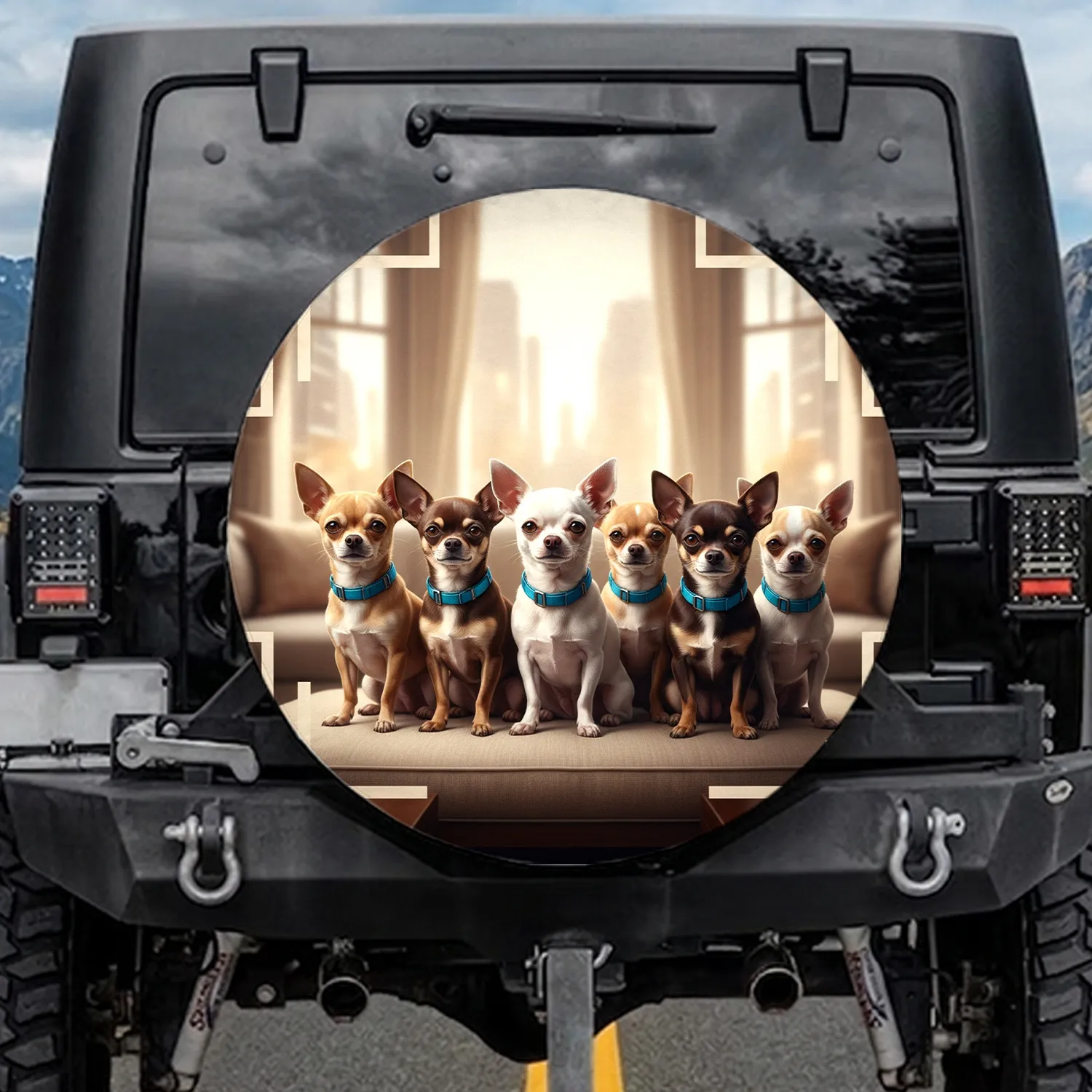 Tan White Brown Chihuahua Dogs Blue Collars Interior Setting - Everyday Vehicle Decor Spare Tire Cover - 1