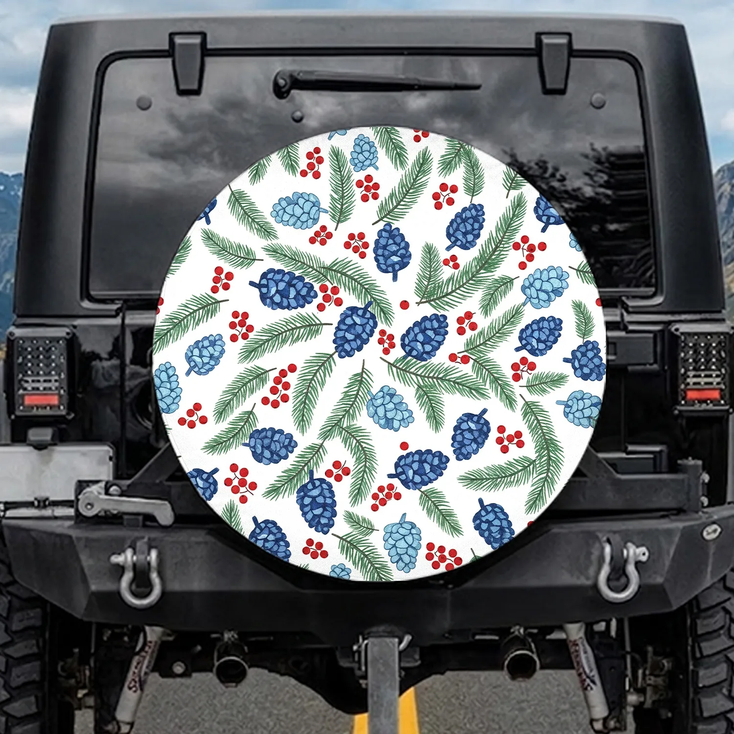 Indigo Blue Pinecones Red Berries Green Pine Branches - Winter Home Decor Gift Spare Tire Cover - 1