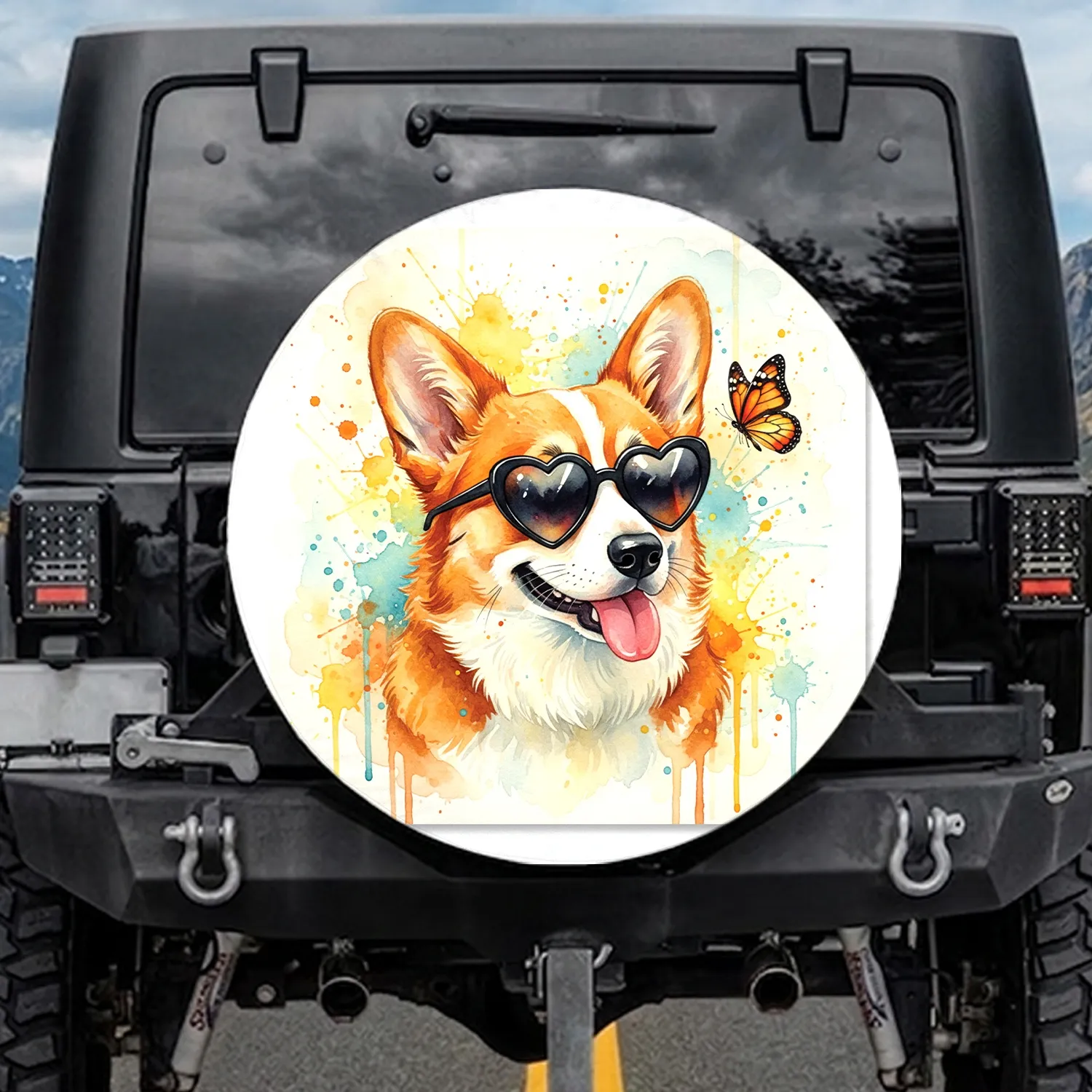 Corgi Dog Heart Sunglasses Pink Tongue Butterfly Watercolor Splash - Dog Lover Gift Spare Tire Cover - 1