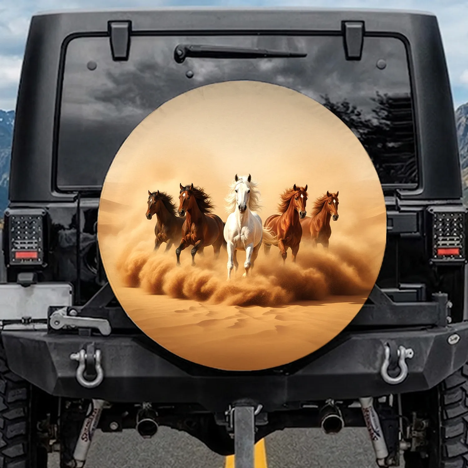 Galloping Horses Desert Dust Swirl - Wildlife Lover Gift for Horse Enthusiast Spare Tire Cover - 1