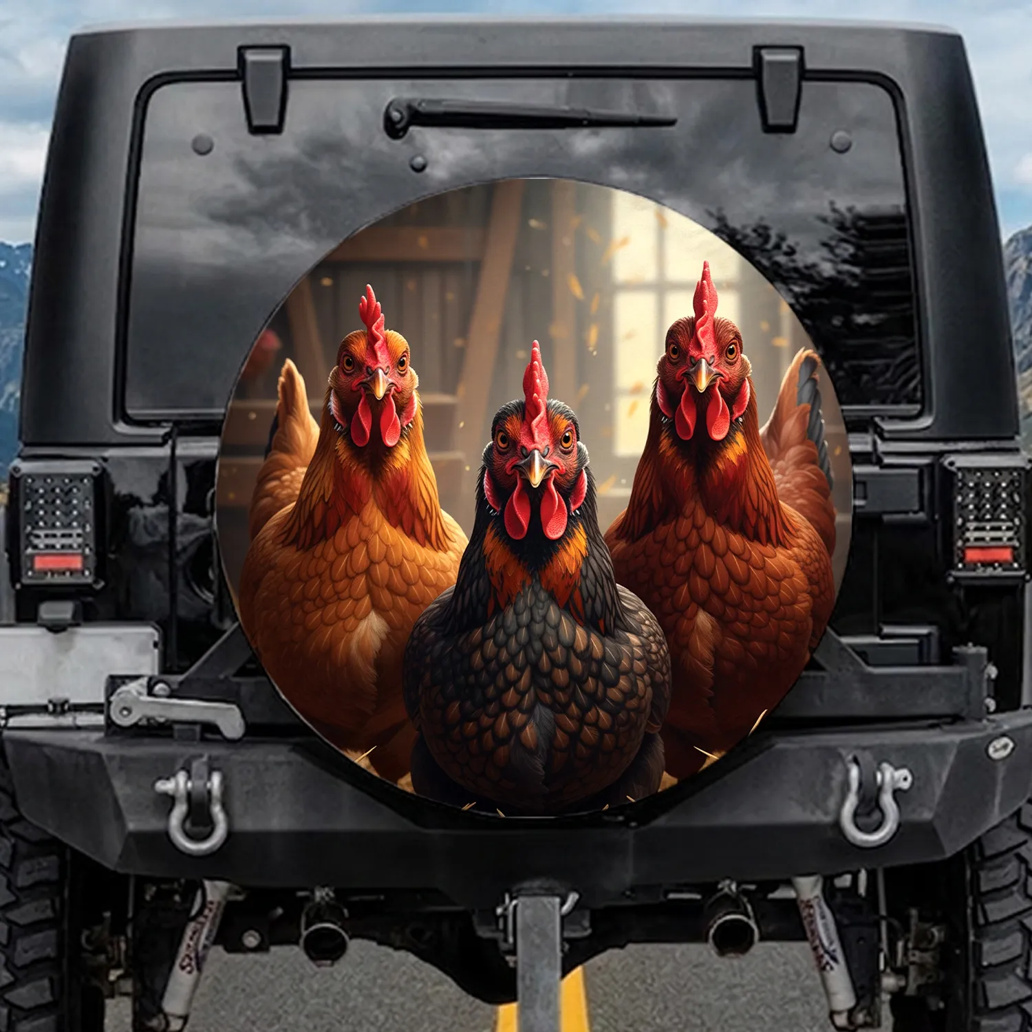 Realistic Chicken Trio Rustic Barn Farmhouse - Farmhouse Decor Chicken Lover Gift Spare Tire Cover - 1