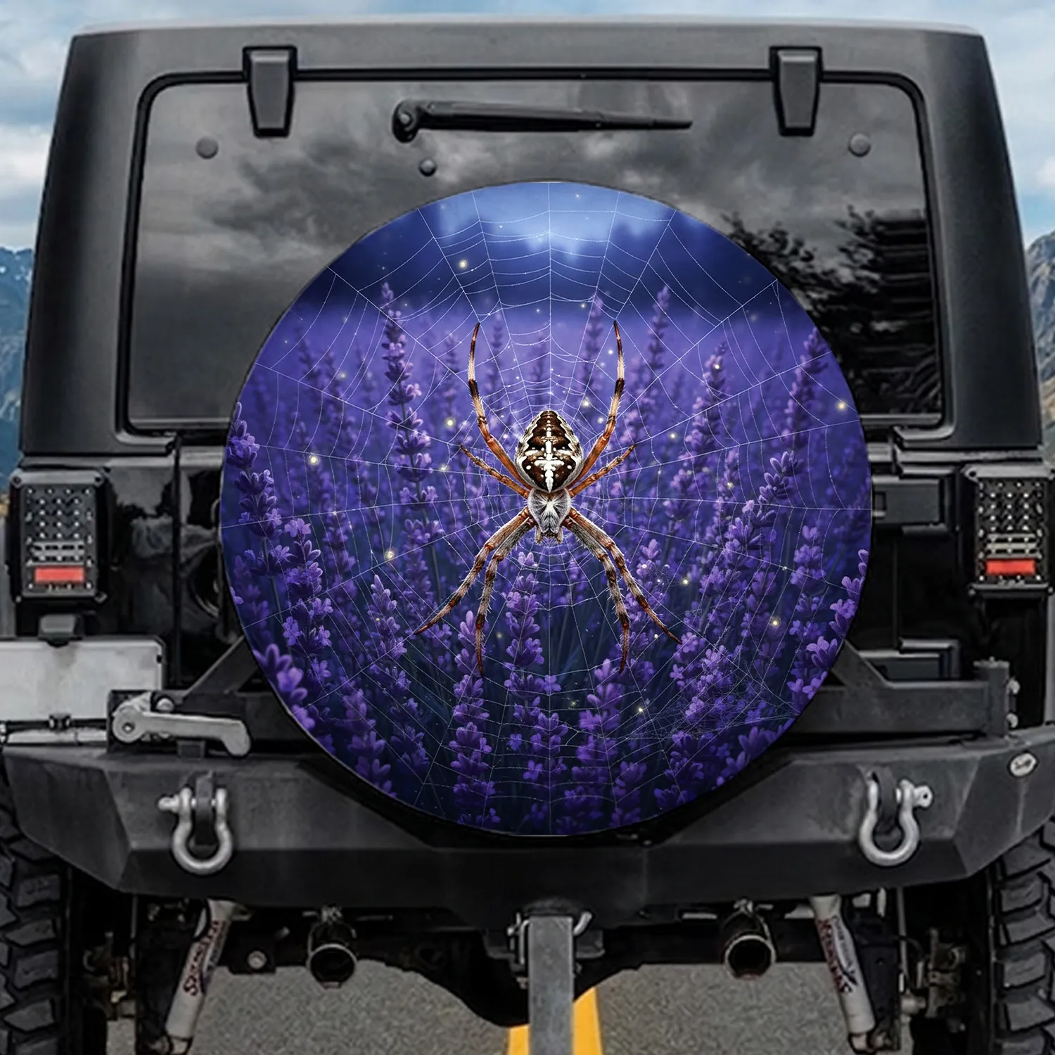 Garden Spider Web Fireflies Twilight Lavender Field - Wildlife Lover Home Decor Gift Spare Tire Cover - 1